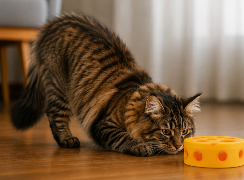 Zabawka VISIONSMART VISI0030 Cheesy Mouse Hunt Żółto-szary zdjęcie wygenerowane przez Ai widoczny pokój w którym kot poluje na mysz uwięzioną w dziurawym serze rozwia refleks zwinność motywuje do działania 