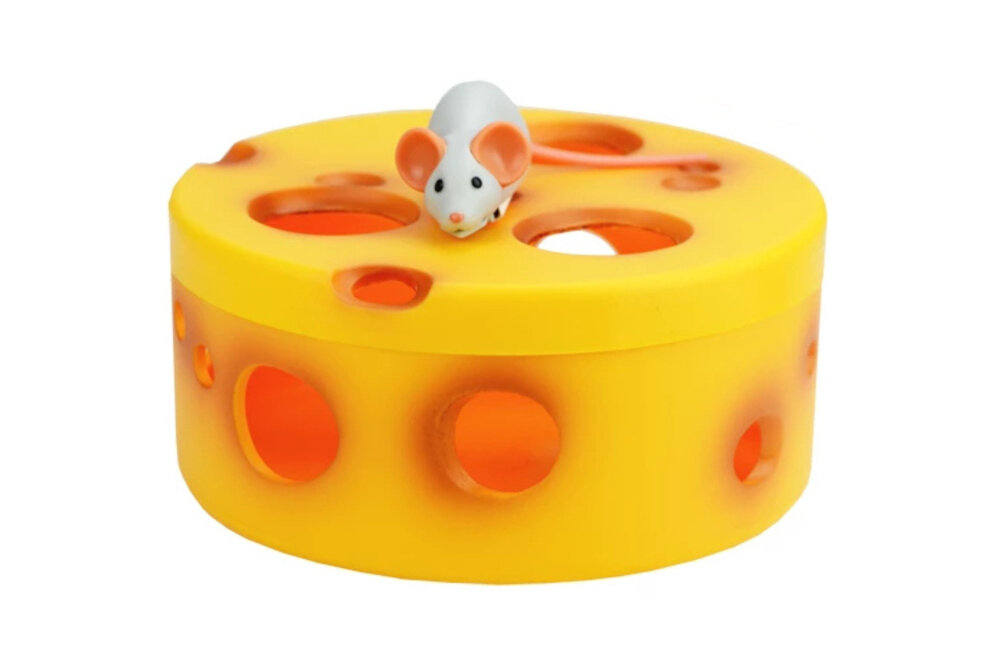 Zabawka VISIONSMART VISI0030 Cheesy Mouse Hunt Żółto-szary na białym tle widoczna zabawka  zólty ser a na nim myszka trajektoria ruchu zmniejsza poziom stresu ogranicza niepożadane zachowania