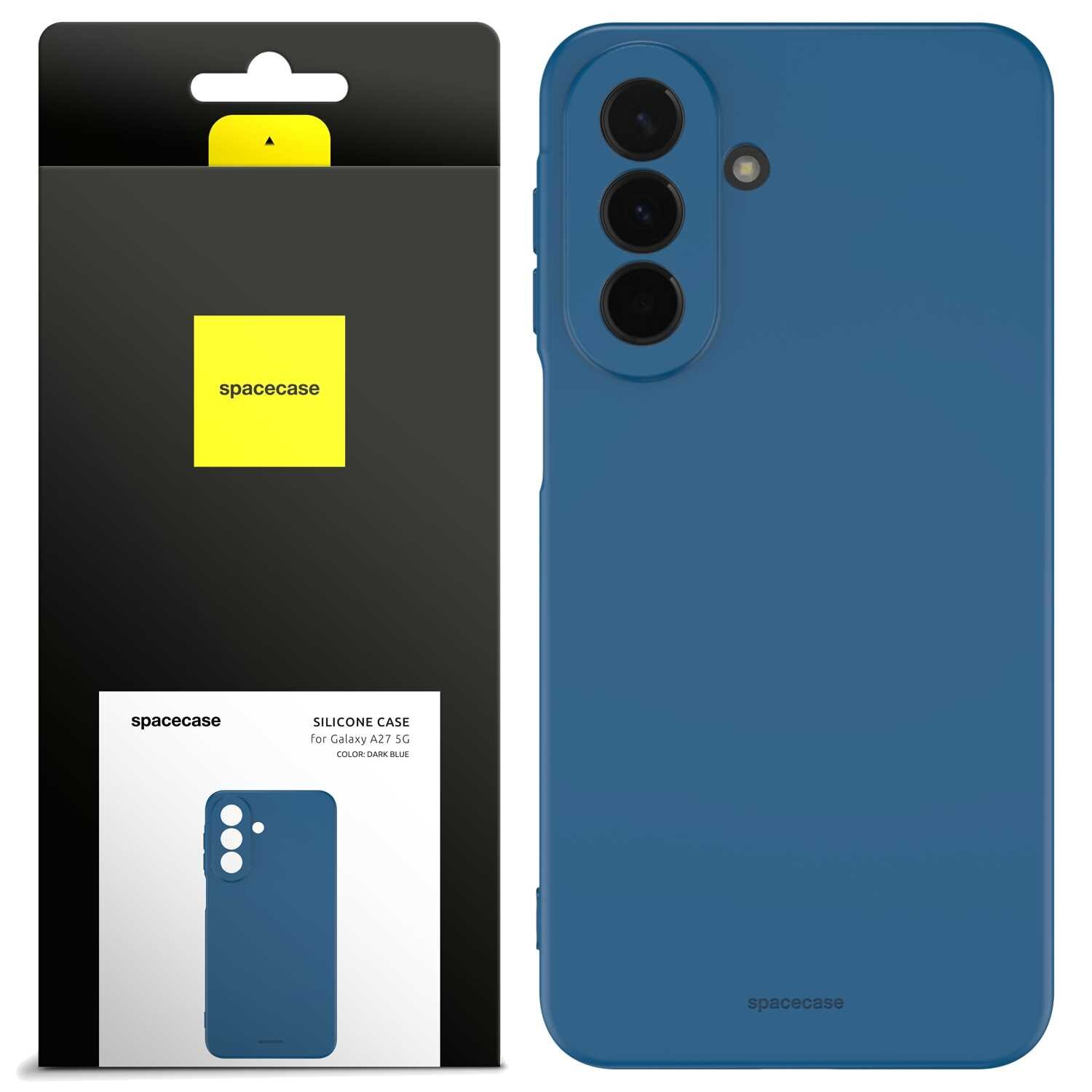 Na obrazie widoczne jest niebieskie silikonowe etui na telefon z trzema otworami na aparaty. Obok znajduje się opakowanie z logo \'spacecase\' i napisem \'SILICONE CASE for Galaxy A27 5G COLOR: DARK BLUE\'.