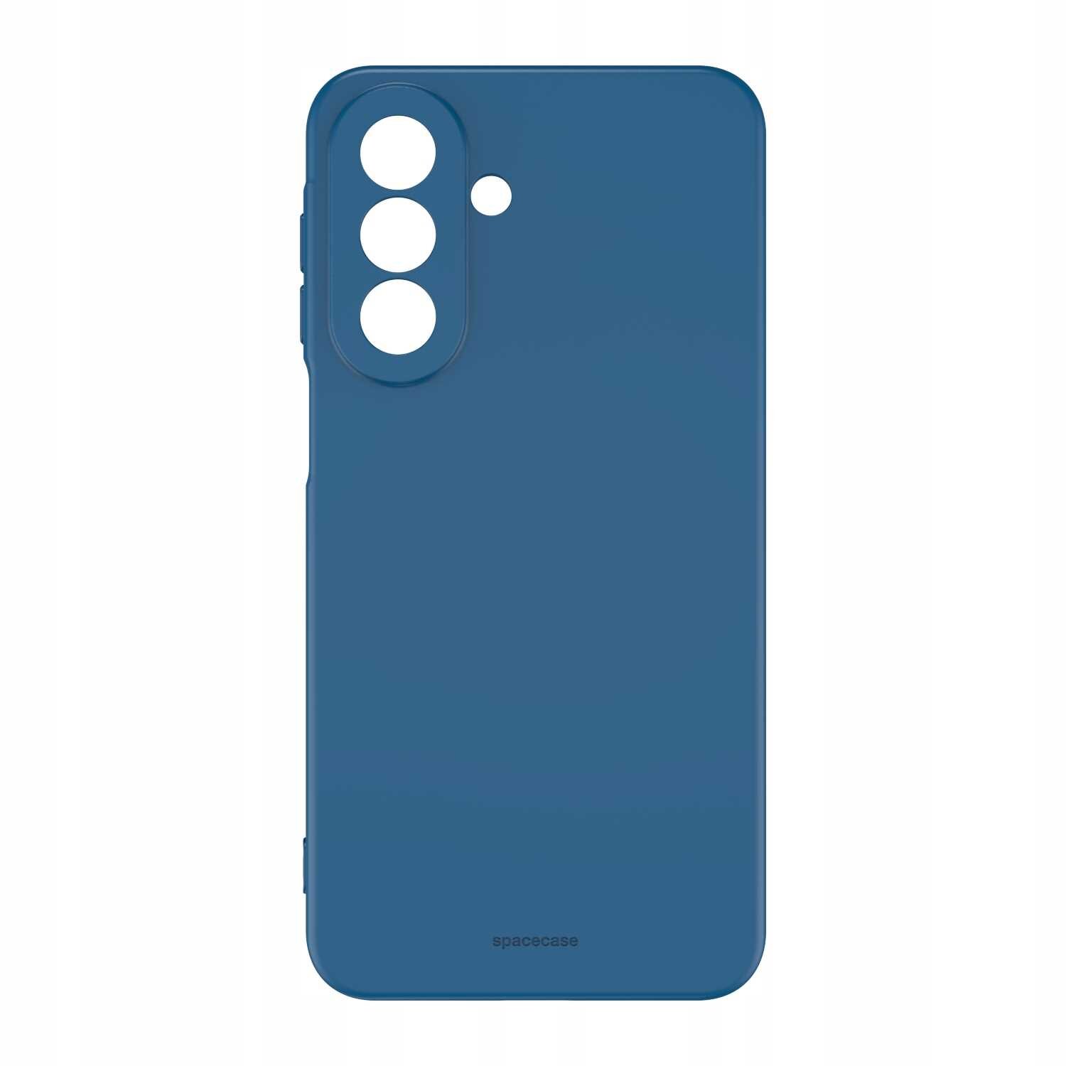 Niebieskie silikonowe etui z trzema okrągłymi otworami na aparat i jednym mniejszym otworem. Na dole widoczny jest napis \'spacecase\'.