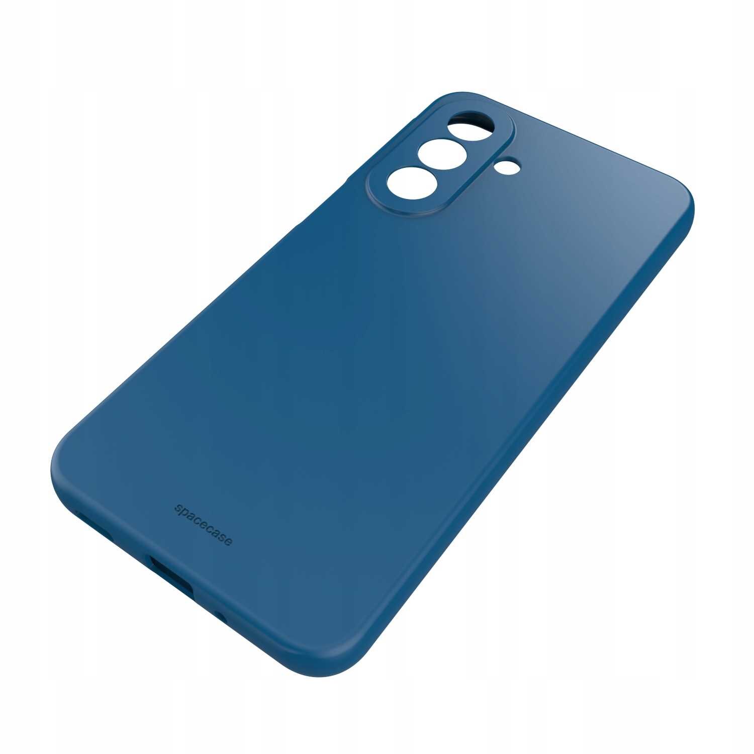Niebieskie silikonowe etui z trzema otworami na aparat i napisem \'spacecase\' na dole.