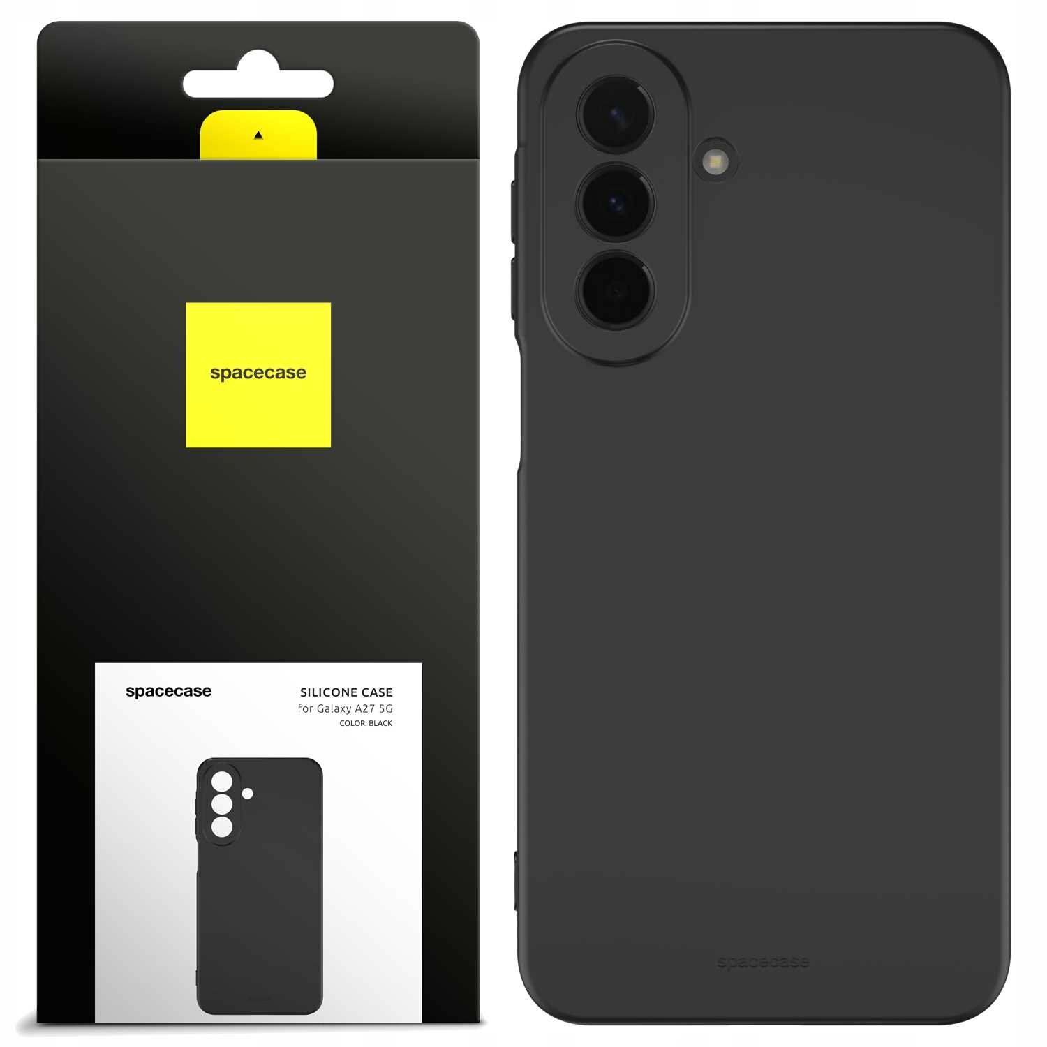 Czarne silikonowe etui SPACECASE do Galaxy A27 5G jest przedstawione obok opakowania z logo \'spacecase\'. Na opakowaniu widnieje napis \'SILICONE CASE for Galaxy A27 5G COLOR BLACK\'.