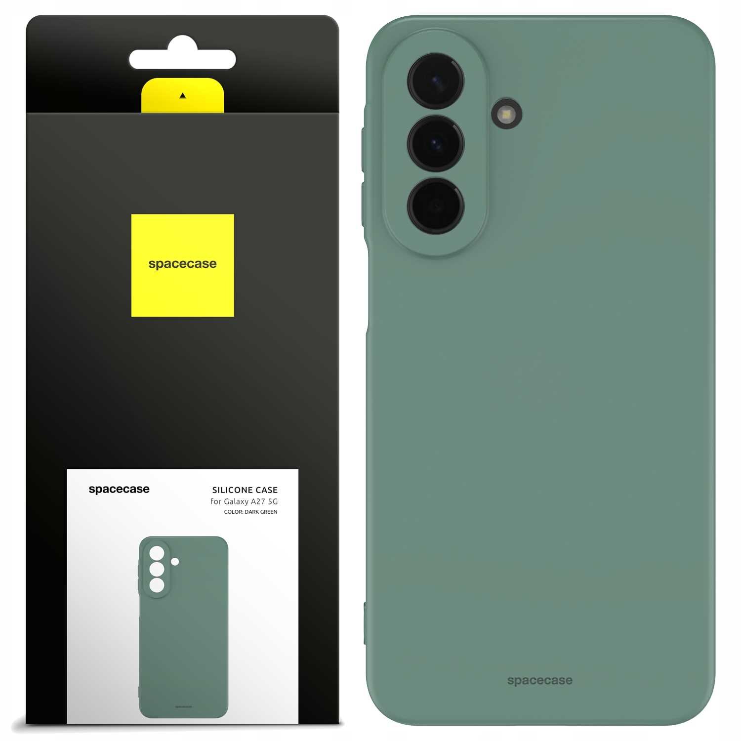 Zielone silikonowe etui SPACECASE do Galaxy A27 5G jest pokazane obok opakowania z logo \'spacecase\'. Na opakowaniu widnieje napis: \'SILICONE CASE for Galaxy A27 5G COLOR: DARK GREEN\'.