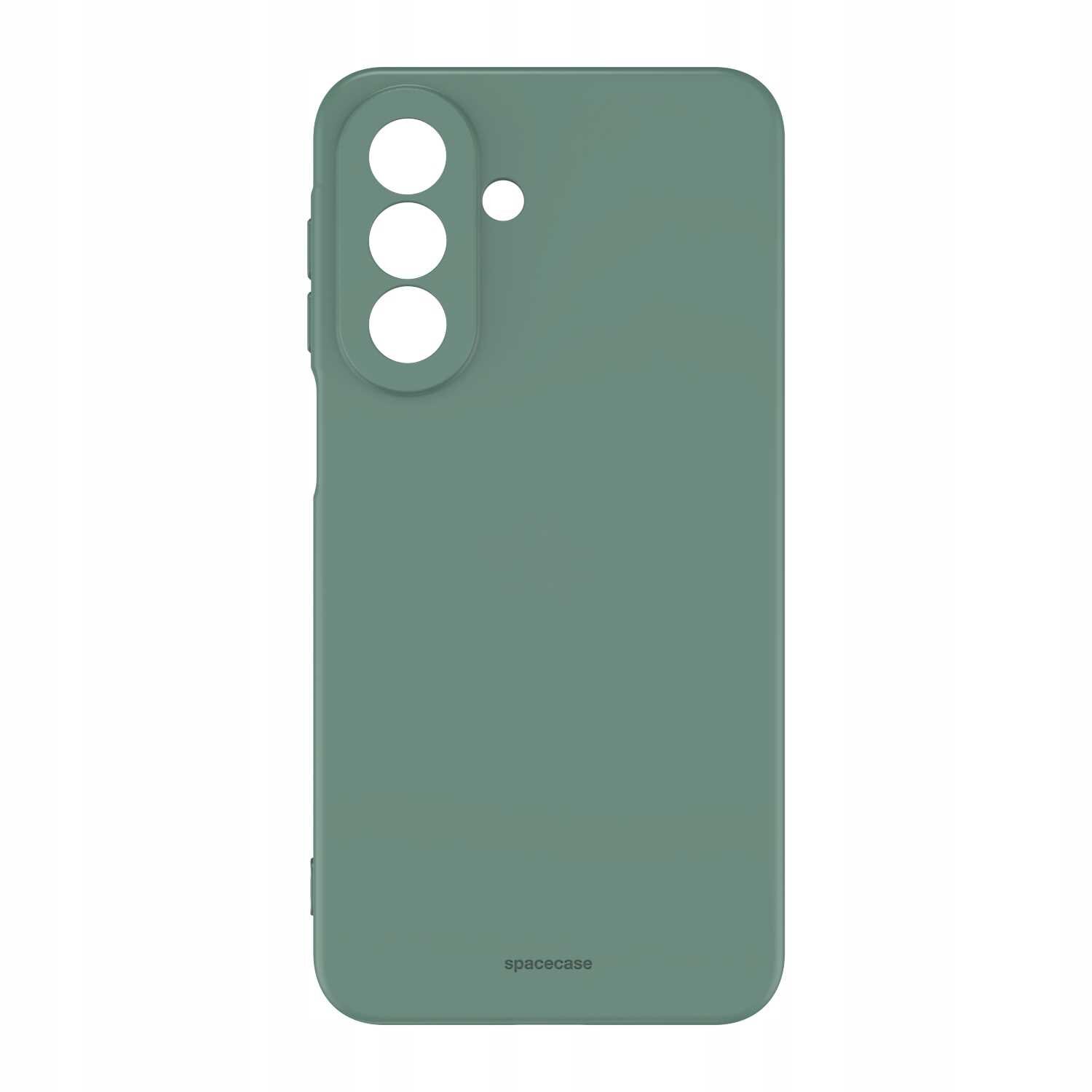 Zielone silikonowe etui z trzema dużymi otworami na aparat i jednym mniejszym otworem. Na dole widoczny jest napis \'spacecase\'.