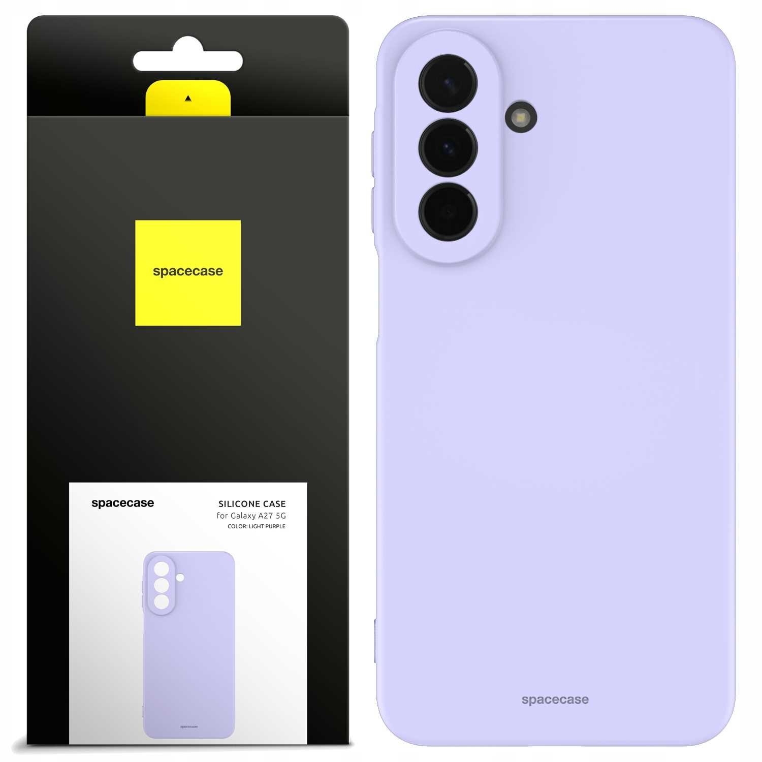 Obraz przedstawia fioletowe silikonowe etui na telefon z trzema otworami na aparaty. Obok znajduje się opakowanie z logo \'spacecase\' i napisem \'SILICONE CASE for Galaxy A27 5G COLOR: LIGHT PURPLE\'.