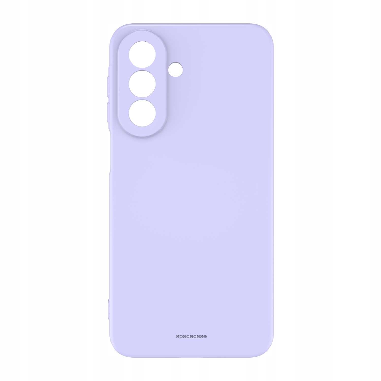 Fioletowe silikonowe etui z trzema otworami na aparaty i jednym mniejszym otworem. Na dole widoczny jest napis \'spacecase\'.