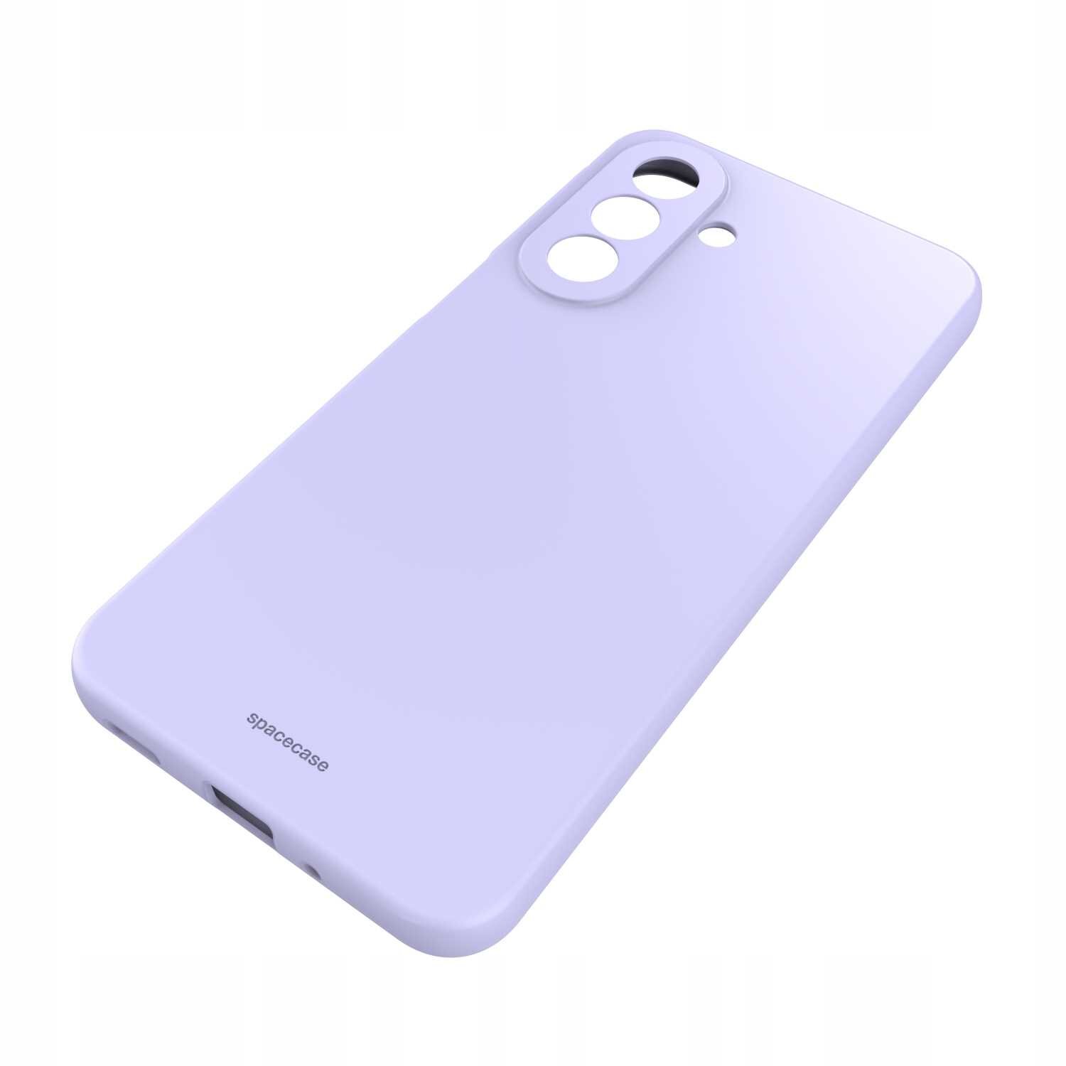 Fioletowe silikonowe etui z trzema otworami na aparat i napisem \'spacecase\' na dole.
