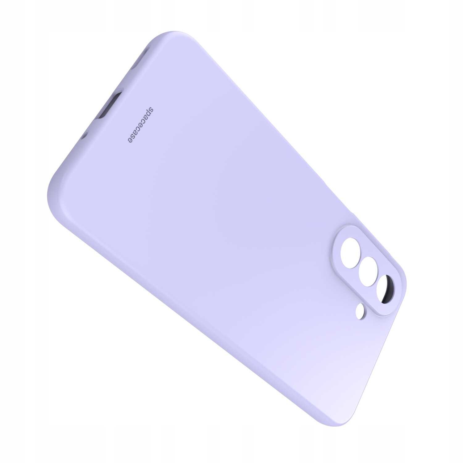 Fioletowe silikonowe etui z wycięciami na aparat i logo \'spacecase\'.