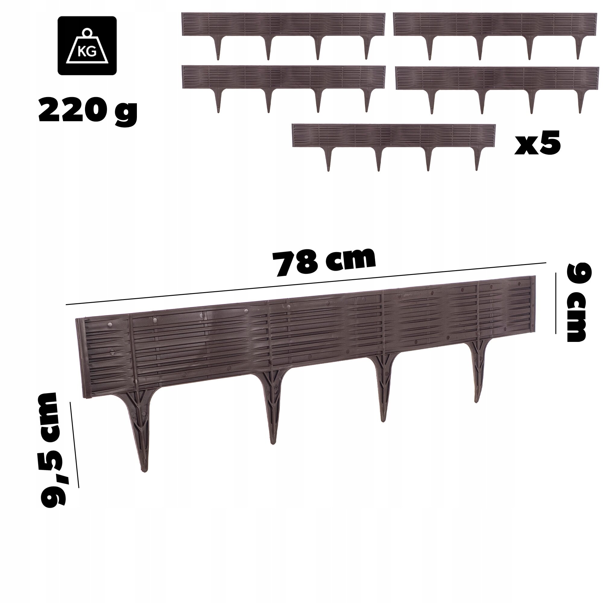 Obraz przedstawia brązowe obrzeże trawnikowe z pięcioma segmentami, każdy o długości 78 cm i wysokości 9 cm. Widoczna jest także waga 220 g oraz oznaczenie \'x5\'.
