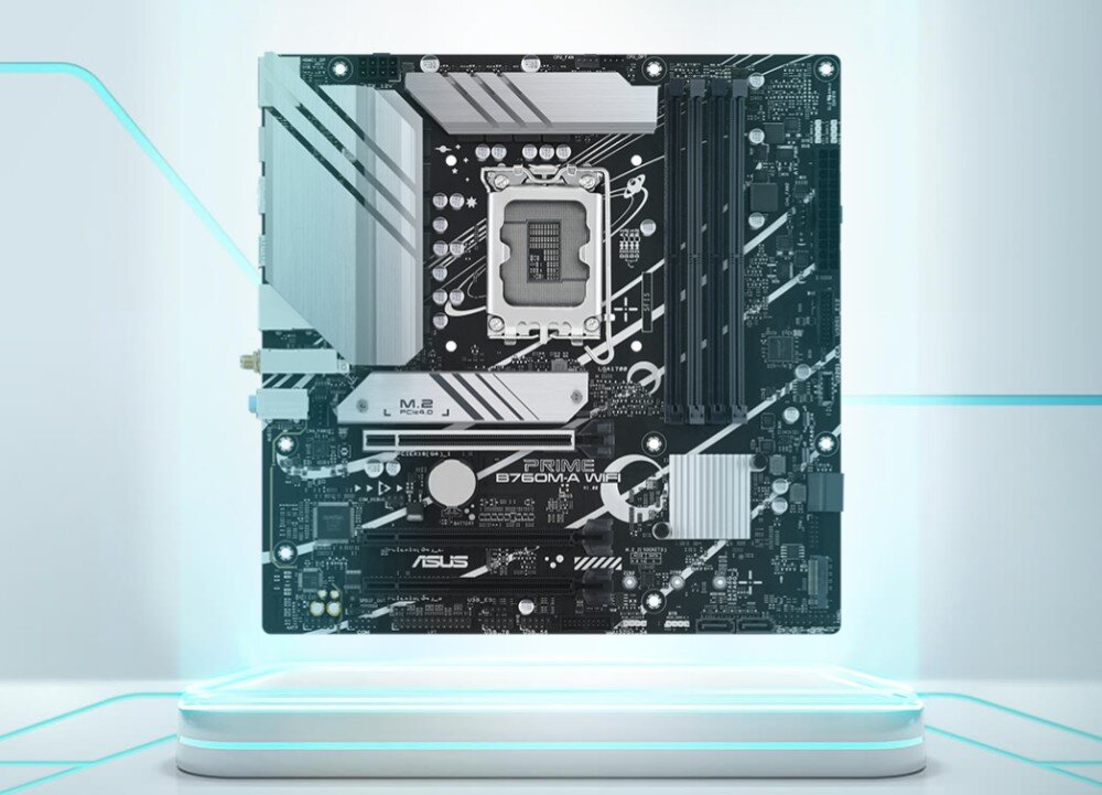 Obraz przedstawia płytę główną z oznaczeniami \'PRIME B760M-A WIFI\' oraz logo \'ASUS\'. Płyta jest umieszczona na jasnym tle z niebieskimi akcentami świetlnymi.