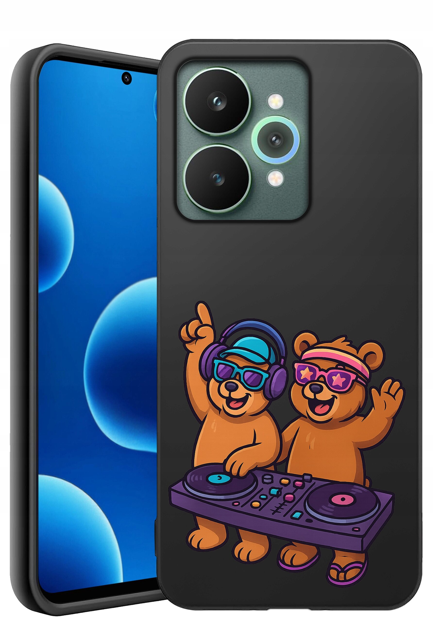 Etui na telefon z grafiką dwóch niedźwiedzi w okularach i słuchawkach, stojących przy konsoli DJ-skiej. Telefon ma wyświetlacz z niebieskimi bąbelkami i podwójny aparat z trzema obiektywami.