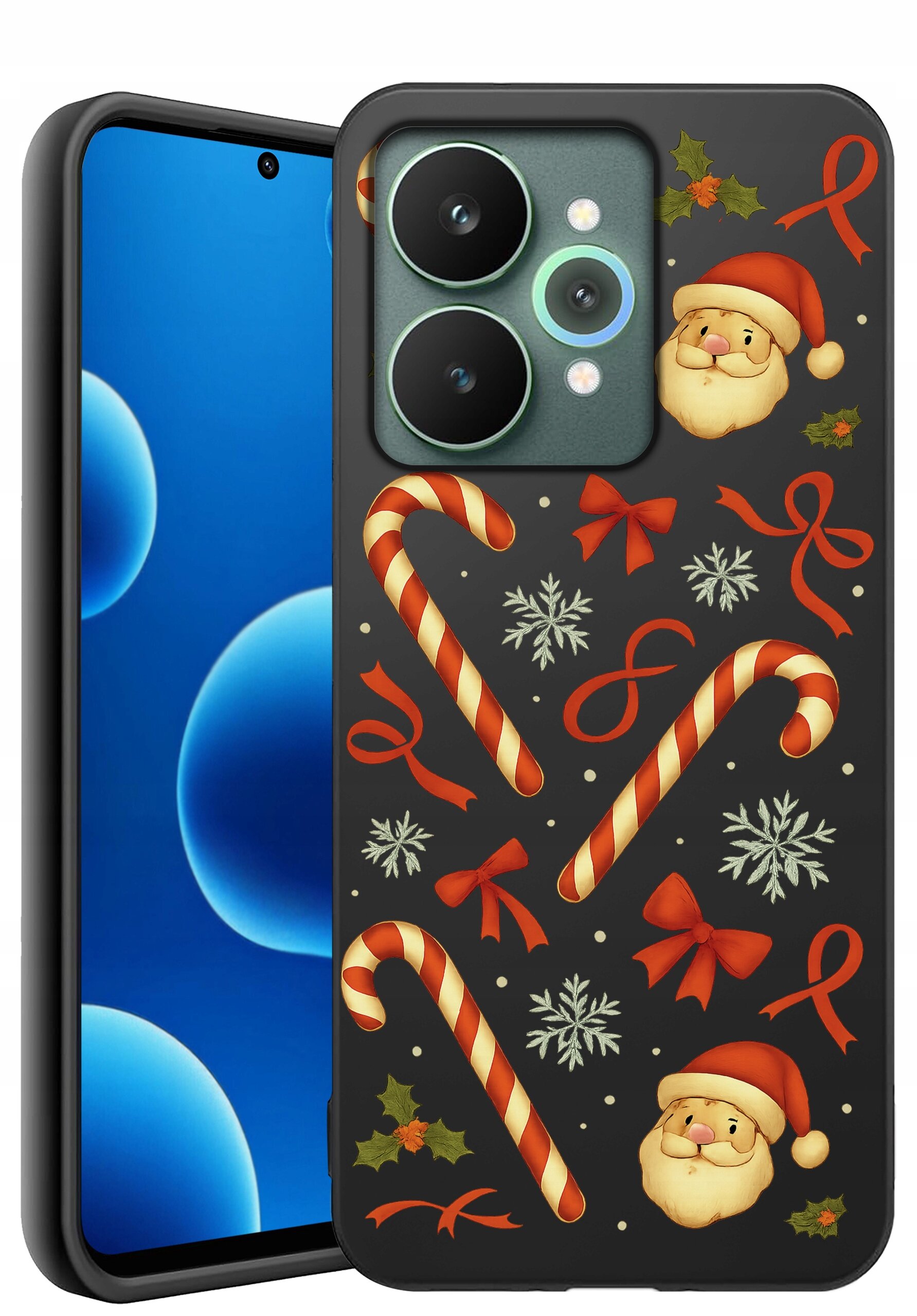 Etui na telefon z motywem świątecznym, ozdobione wzorami cukrowych lasek, śnieżynek, czerwonych kokardek i twarzy Mikołaja na ciemnym tle.