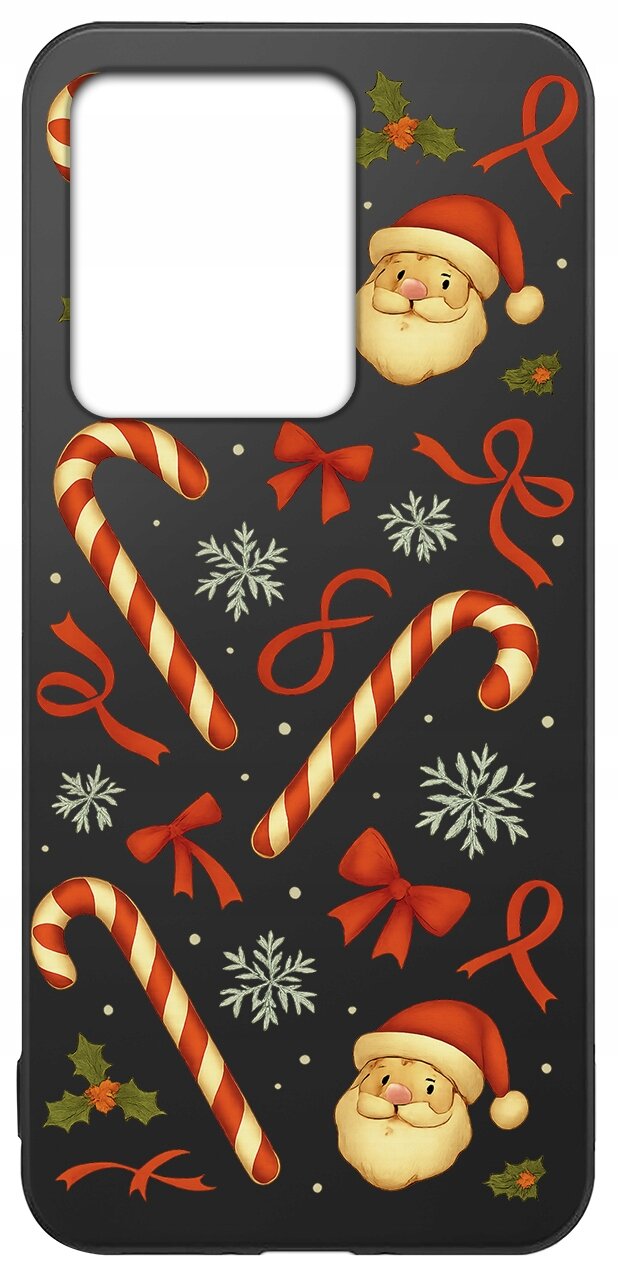 Etui na telefon z motywem świątecznym, ozdobione wizerunkami Mikołaja, cukrowymi laskami, śnieżynkami i czerwonymi kokardkami na czarnym tle.