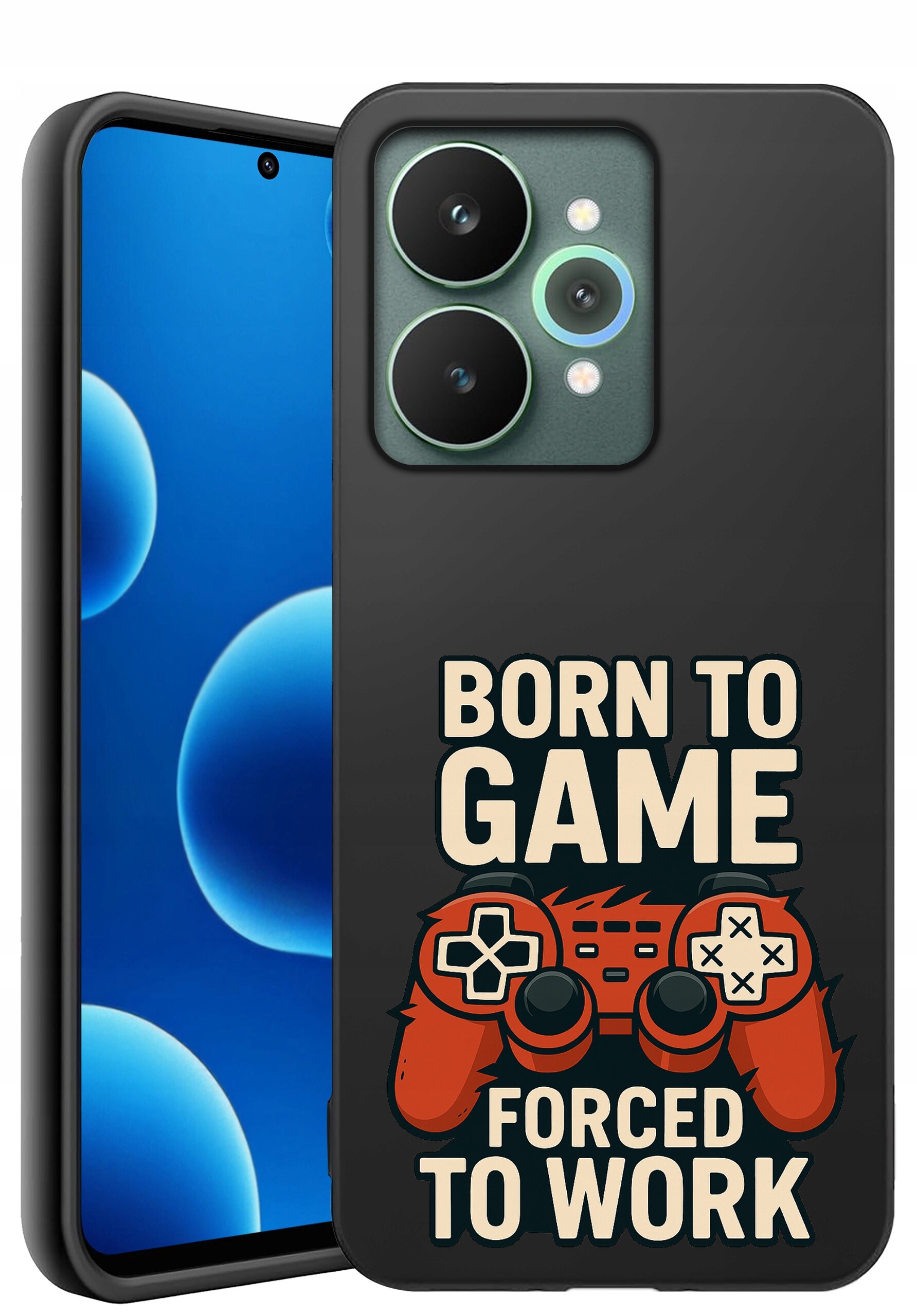 Czarne etui na telefon z napisem \'BORN TO GAME FORCED TO WORK\' oraz grafiką czerwonego kontrolera do gier. Obok widoczny jest telefon z niebieskim ekranem i przednią kamerą.