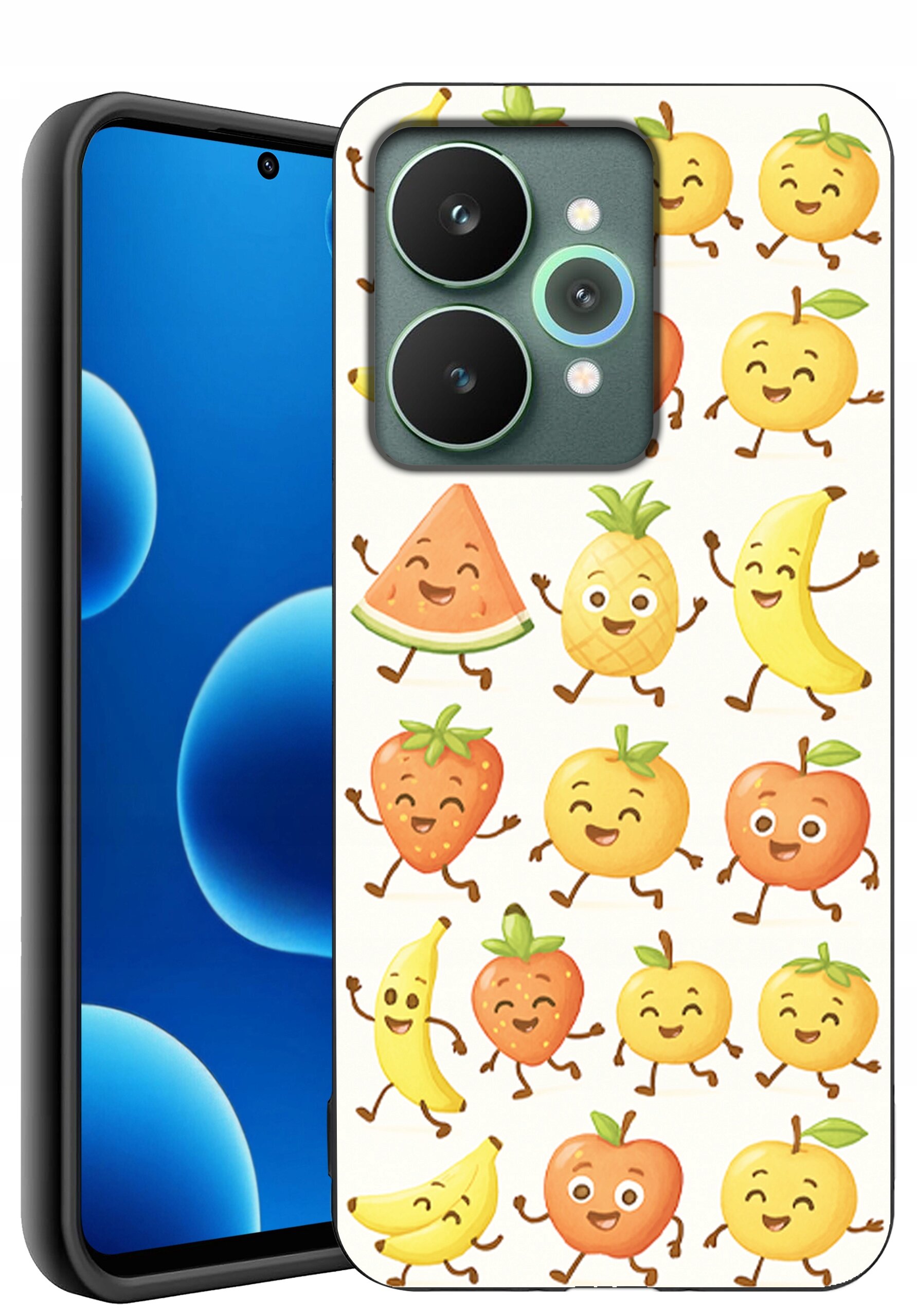Etui na telefon z kolorowymi, uśmiechniętymi owocami, takimi jak arbuz, ananas, banan, truskawka, jabłko i cytryna. Telefon obok etui ma ekran z niebieskimi okręgami.