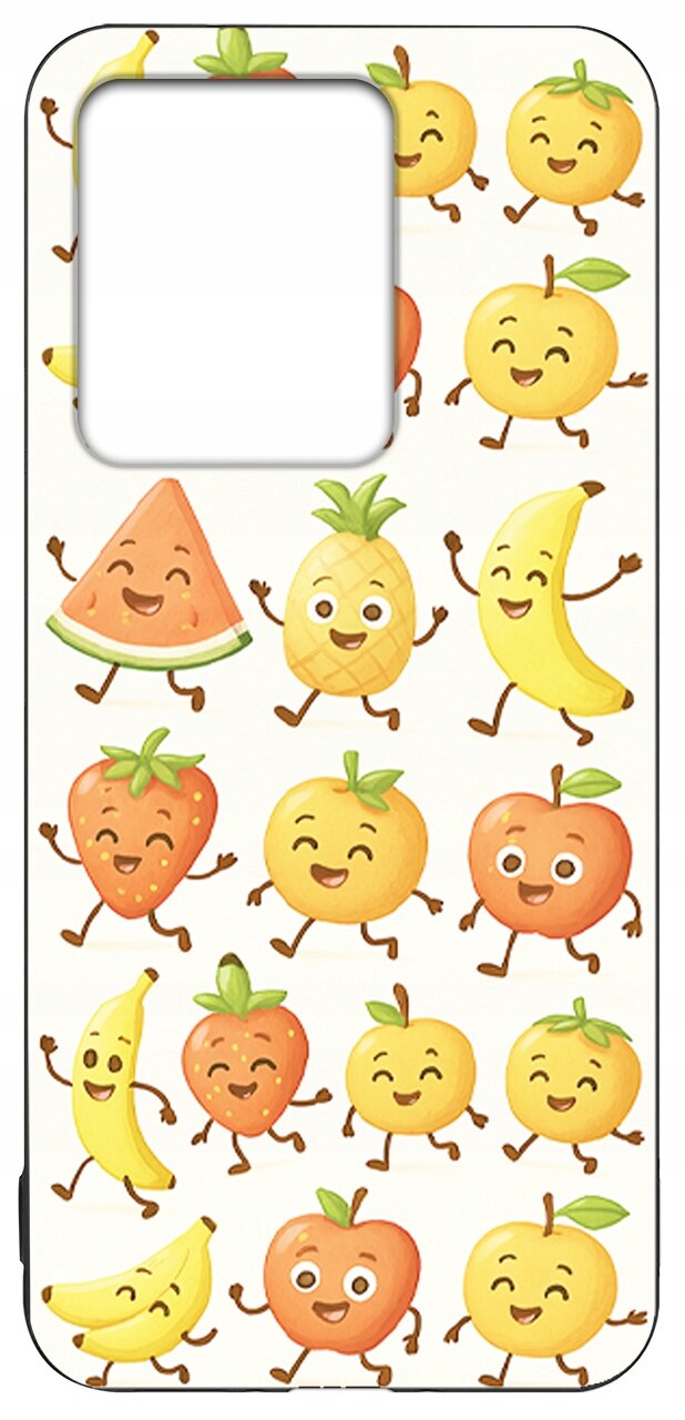 Etui na telefon z kolorowym wzorem przedstawiającym uśmiechnięte owoce, takie jak ananas, arbuz, banan i jabłko. W górnej części znajduje się duży otwór na aparat.