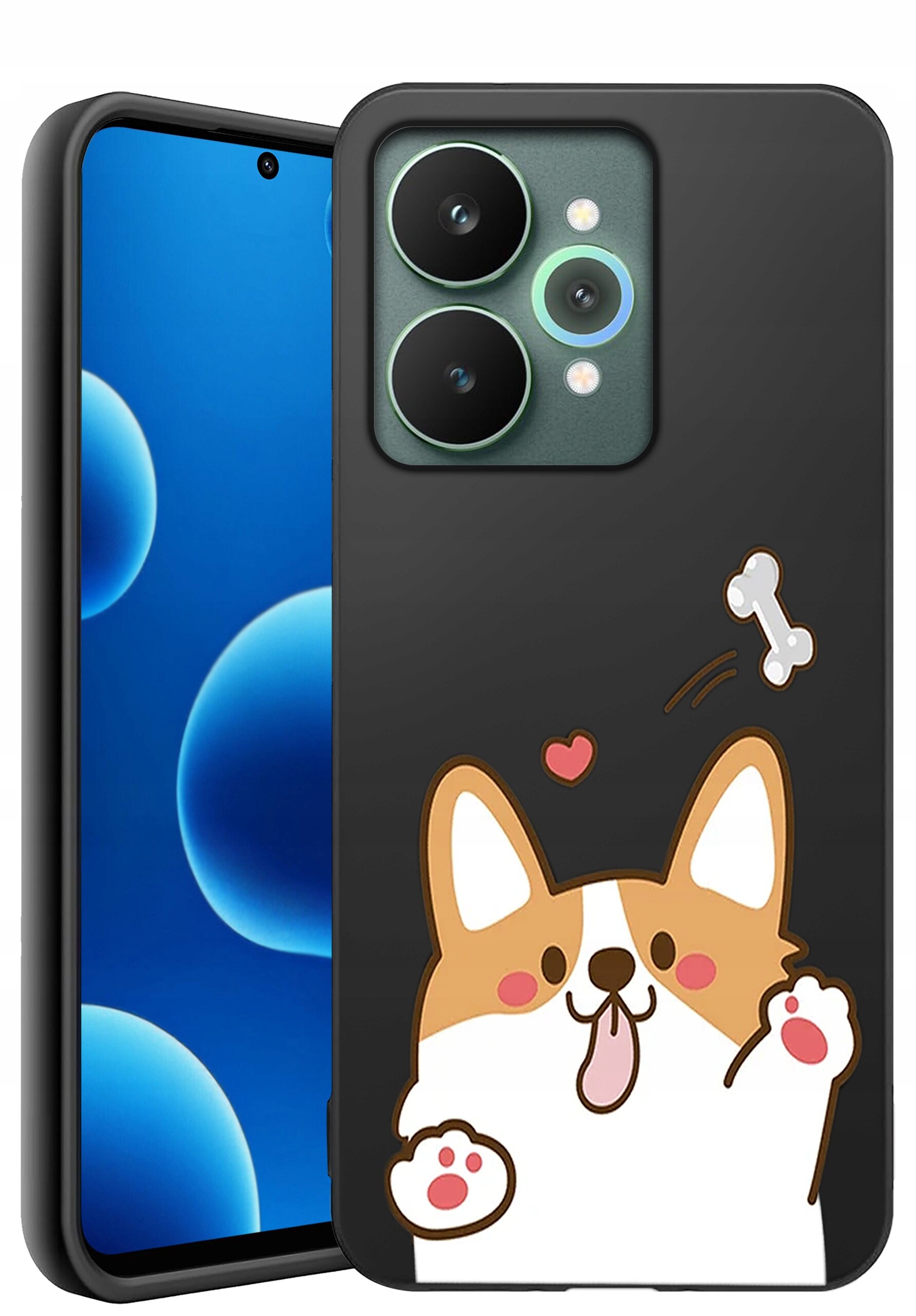Czarne silikonowe etui na telefon z grafiką przedstawiającą psa rasy corgi, serce i kość. Obok etui widoczny jest telefon z niebieskim ekranem i trzema aparatami z tyłu.