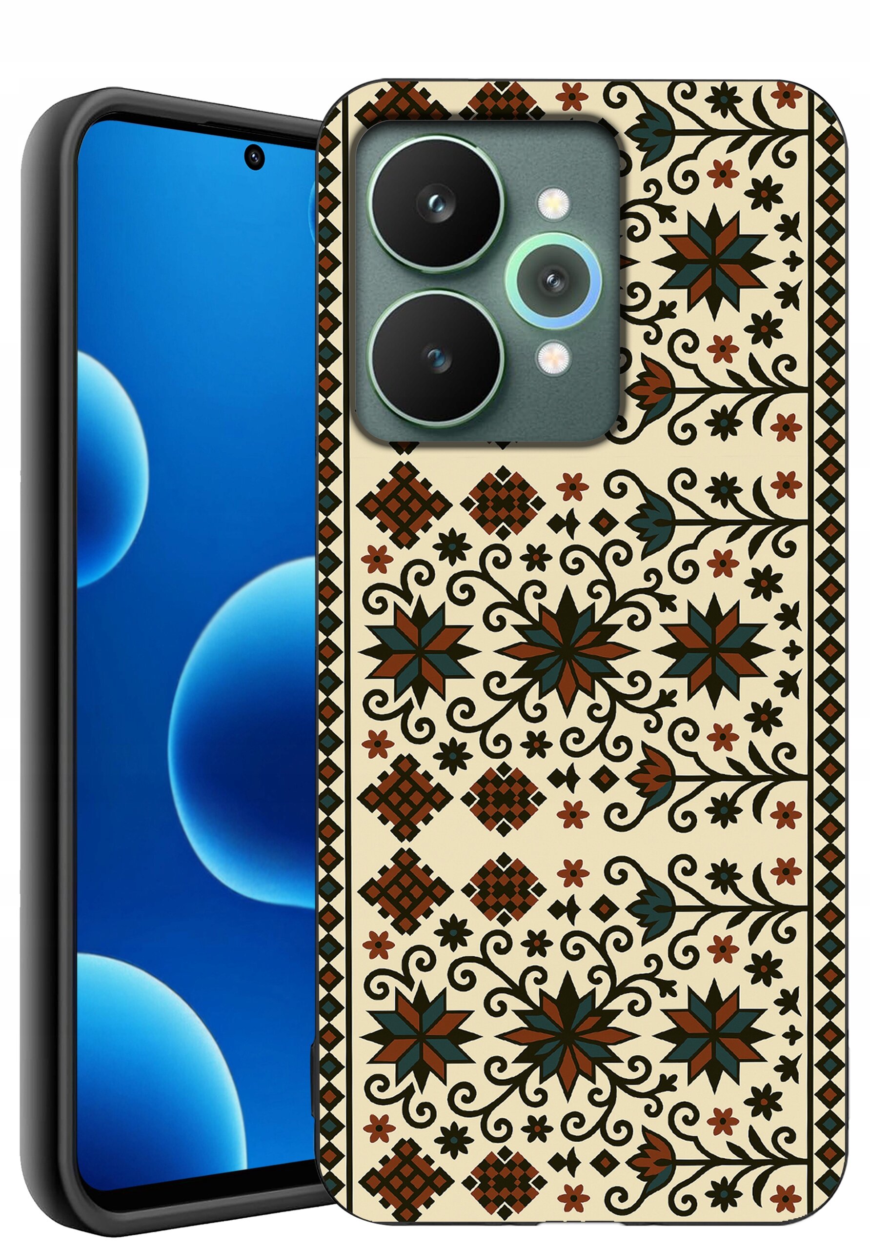 Etui na telefon z wzorem w stylu etnicznym, z motywami kwiatowymi i geometrycznymi w kolorach brązu, czerni i zieleni na jasnym tle. Obok widoczny jest fragment telefonu z niebieskim ekranem.