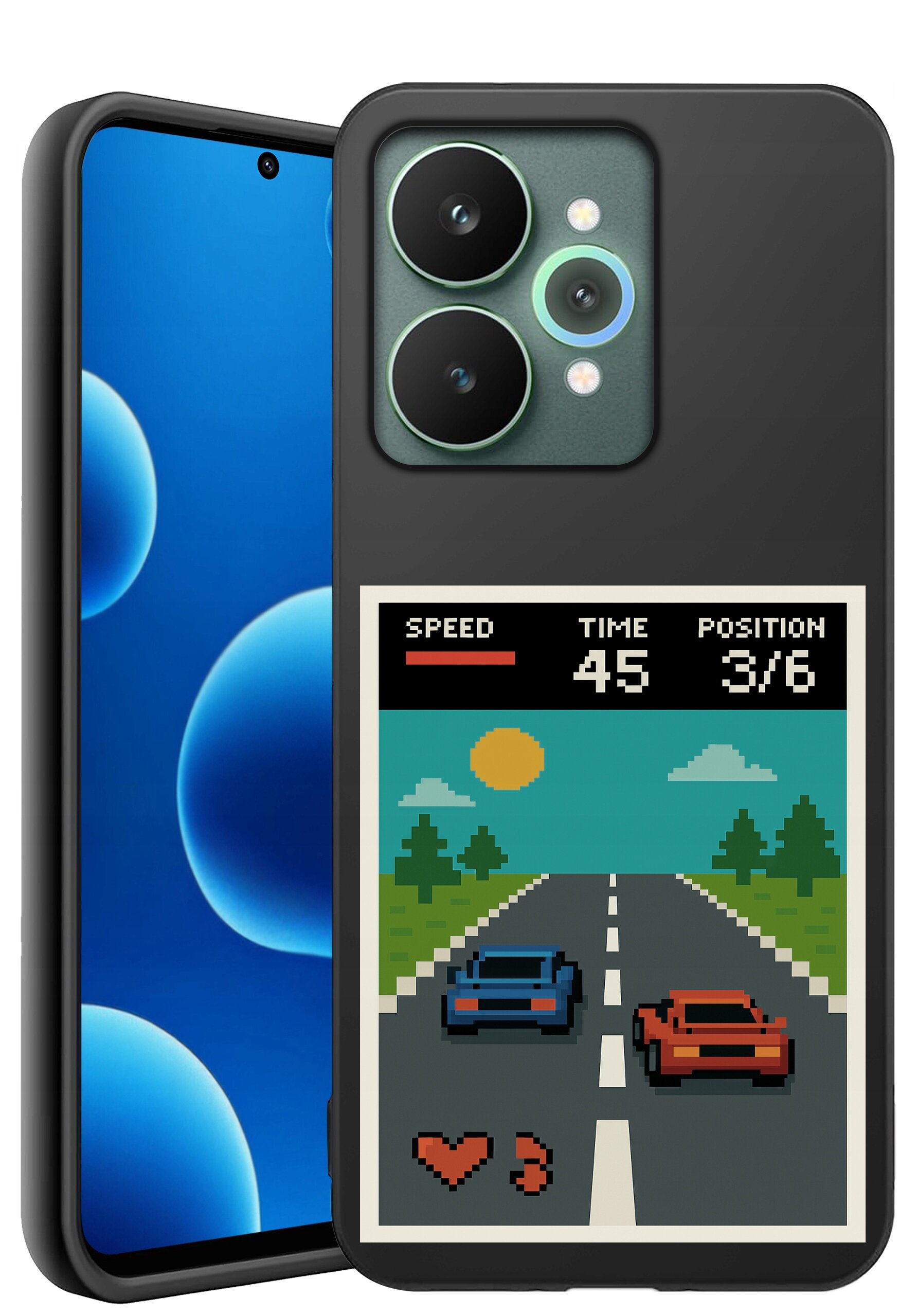 Etui na telefon z grafiką przedstawiającą pikselową grę wyścigową, z dwoma samochodami na drodze i wskaźnikami \'SPEED\', \'TIME 45\', \'POSITION 3/6\'. Obok etui widoczny jest telefon z niebieskim ekranem.