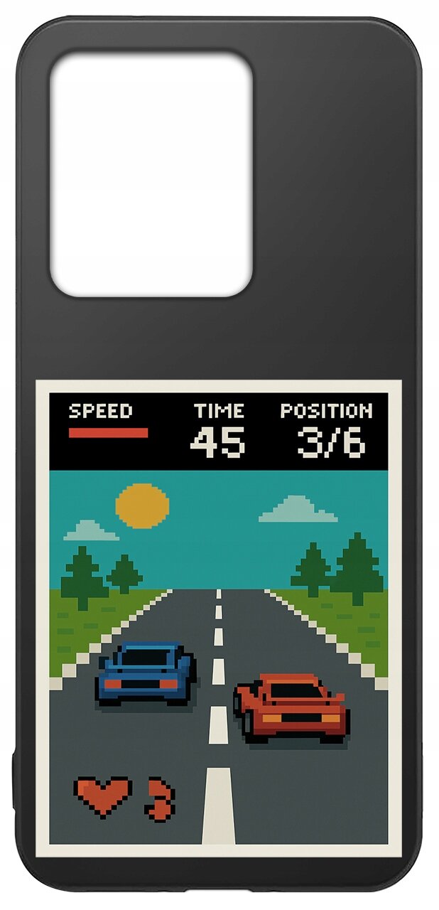 Etui na telefon z grafiką przedstawiającą pikselową grę wyścigową, z dwoma samochodami na drodze i elementami interfejsu gry: \'SPEED\', \'TIME 45\', \'POSITION 3/6\'.