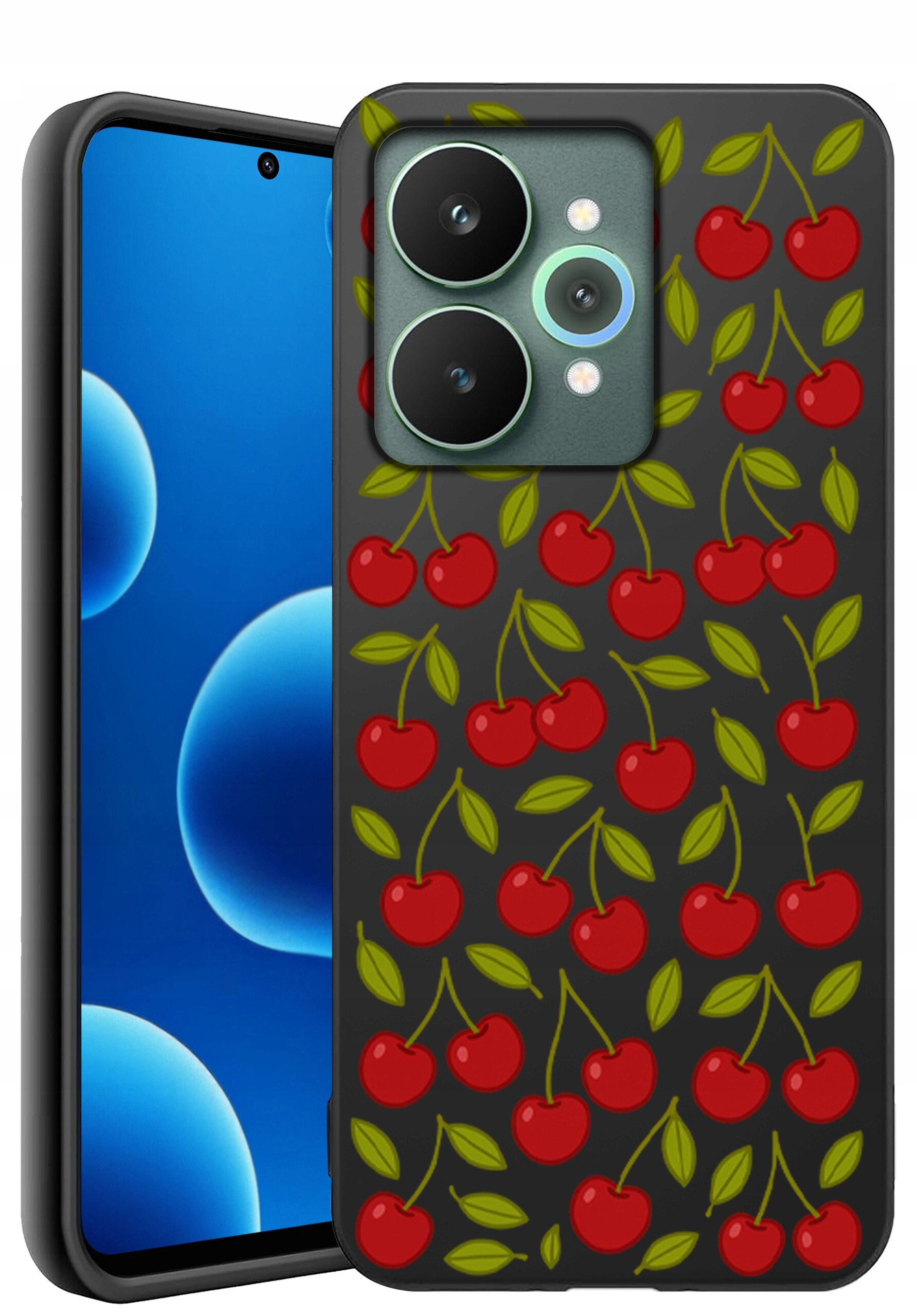 Etui na telefon z wzorem czerwonych wiśni i zielonych liści na ciemnym tle. Obok widoczny jest ekran telefonu z niebieskimi bąbelkami na czarnym tle.