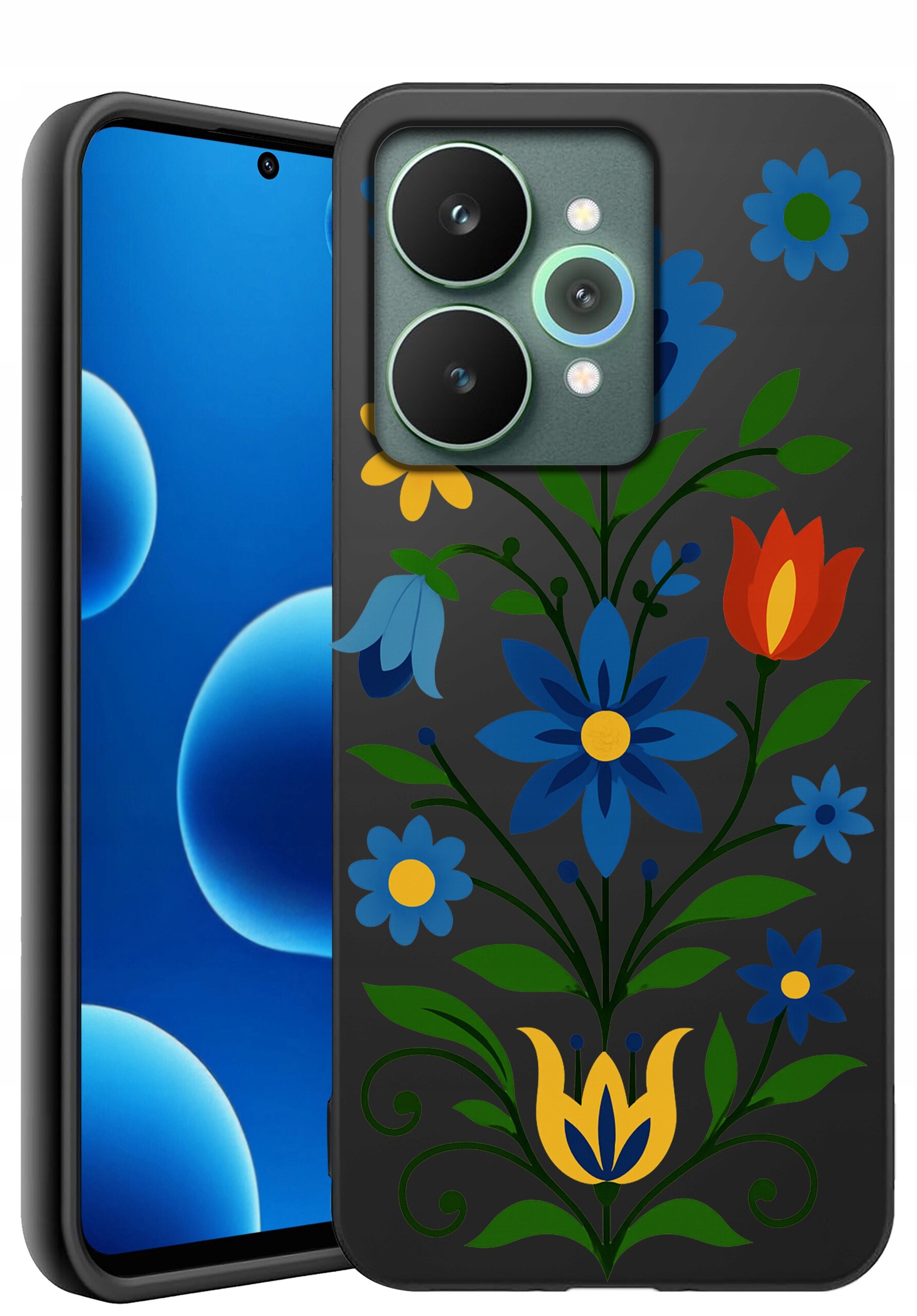 Etui na telefon z kolorowym, kwiatowym wzorem na ciemnym tle. Obok etui widoczny jest telefon z wyświetlaczem pokazującym niebieskie okręgi.