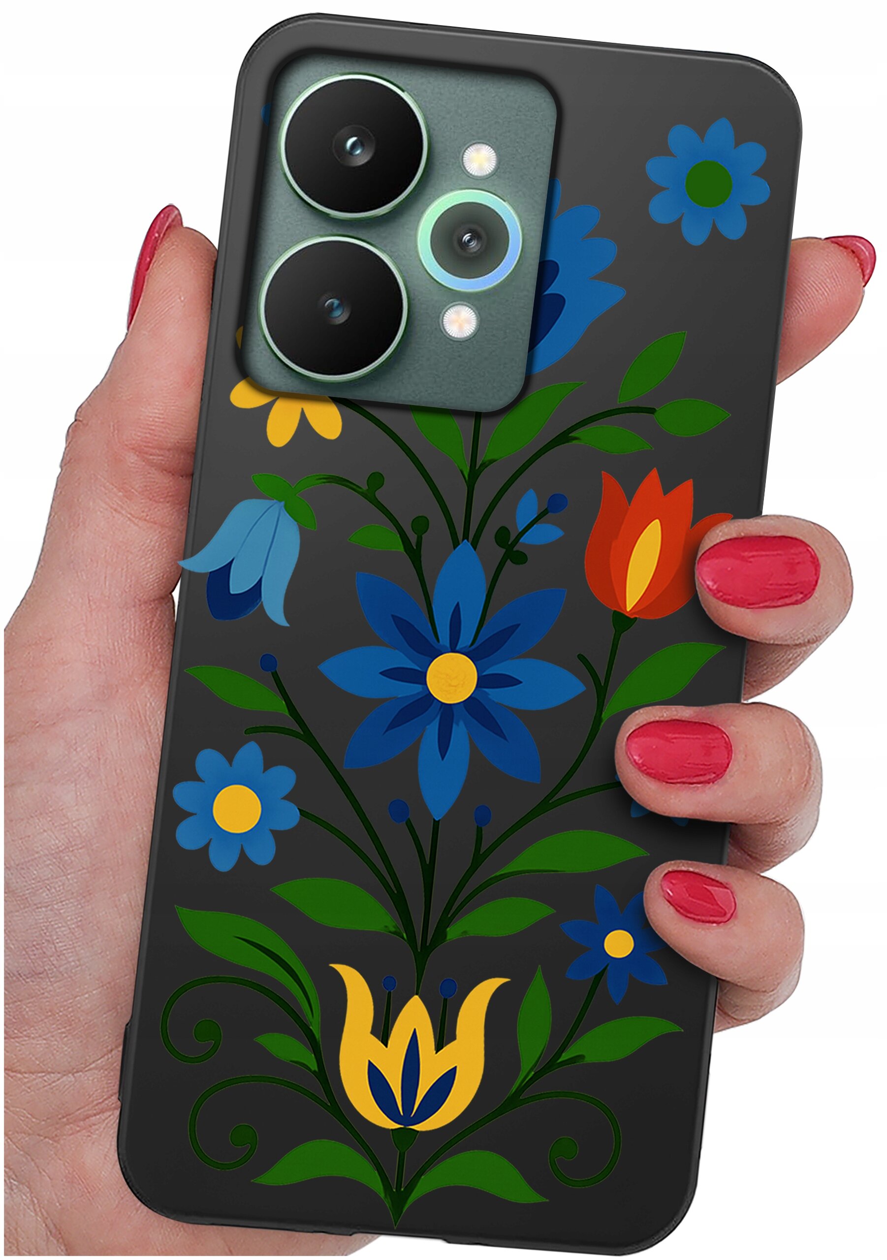 Osoba trzyma telefon z etui ozdobionym kolorowymi kwiatowymi wzorami na ciemnym tle. Etui ma wycięcia na dwa duże obiektywy aparatu.