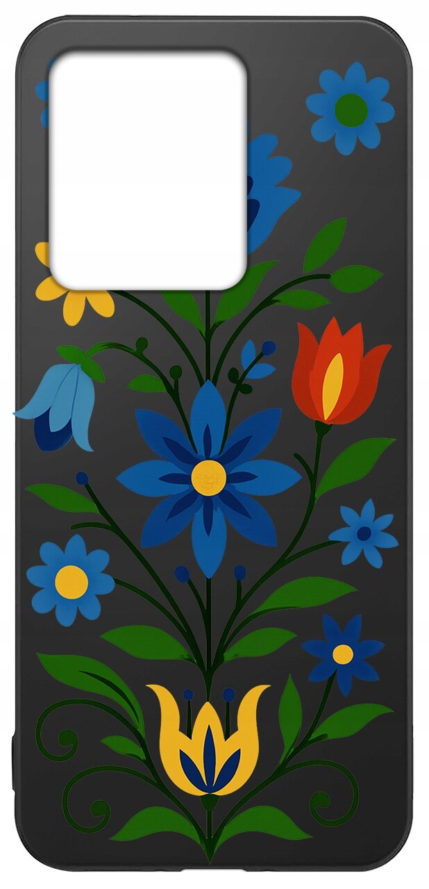 Etui na telefon z czarnym tłem ozdobione kolorowymi kwiatowymi wzorami w odcieniach niebieskiego, czerwonego i żółtego.