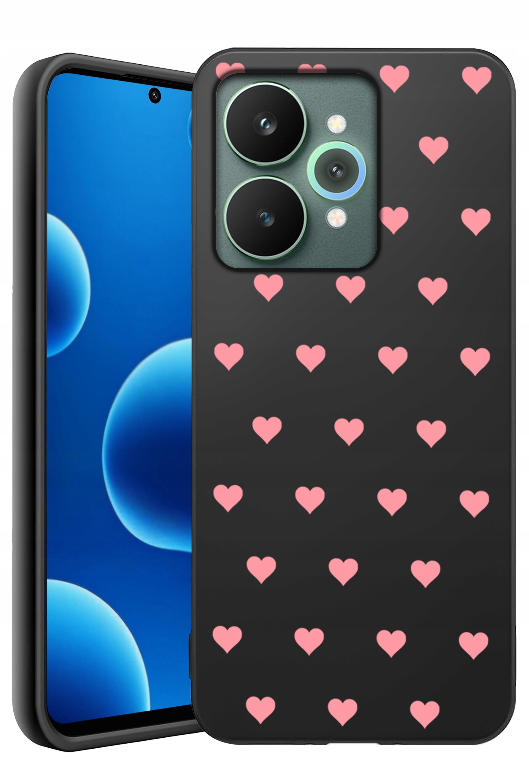 Na obrazie widoczny jest telefon z czarnym etui ozdobionym różowymi sercami. Etui ma wycięcia na aparat i przyciski.