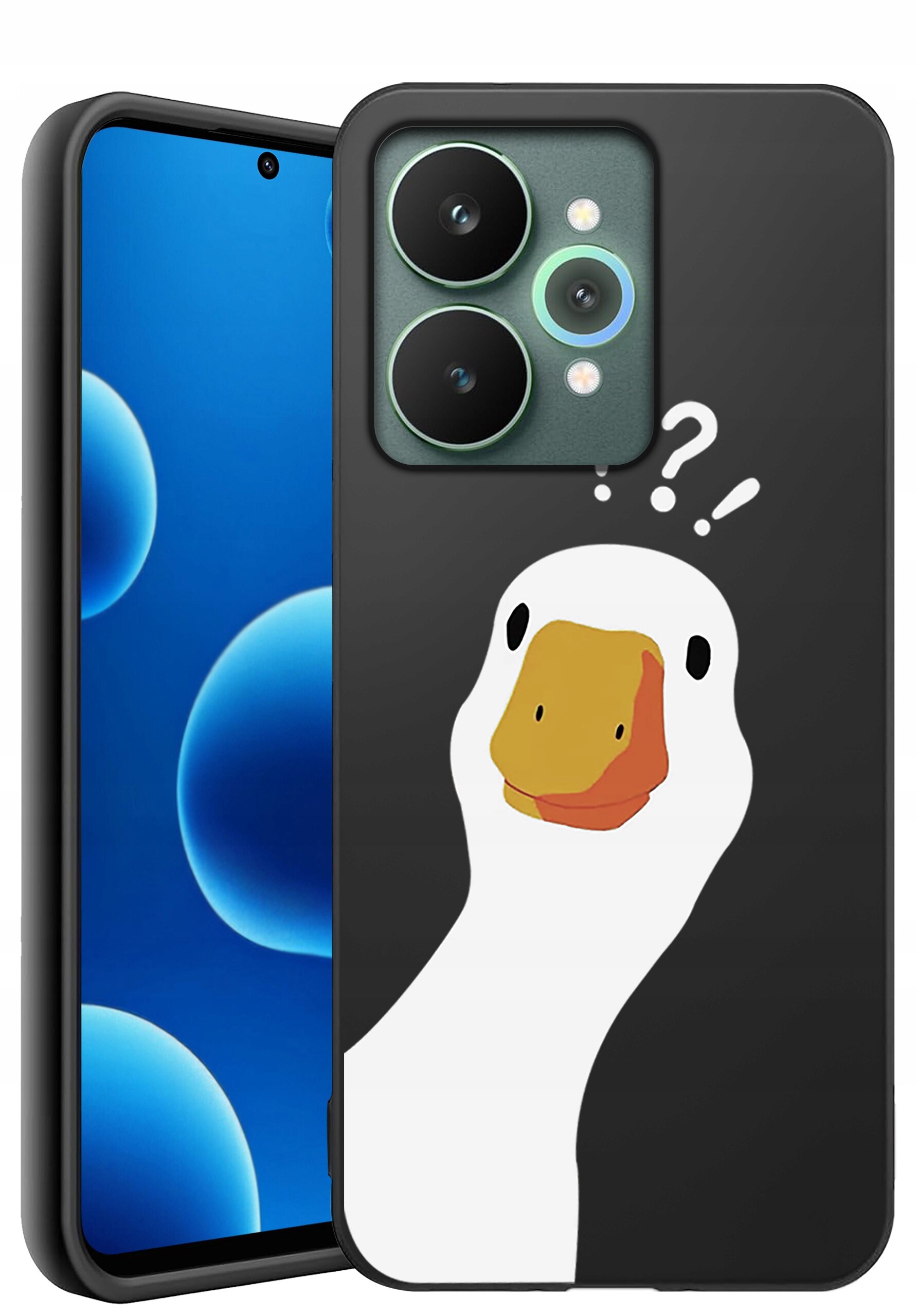 Etui na telefon z czarnym tłem, ozdobione grafiką białej kaczki z pomarańczowym dziobem i znakami zapytania nad głową. Obok widoczny jest telefon z niebieskim ekranem i trzema aparatami z tyłu.