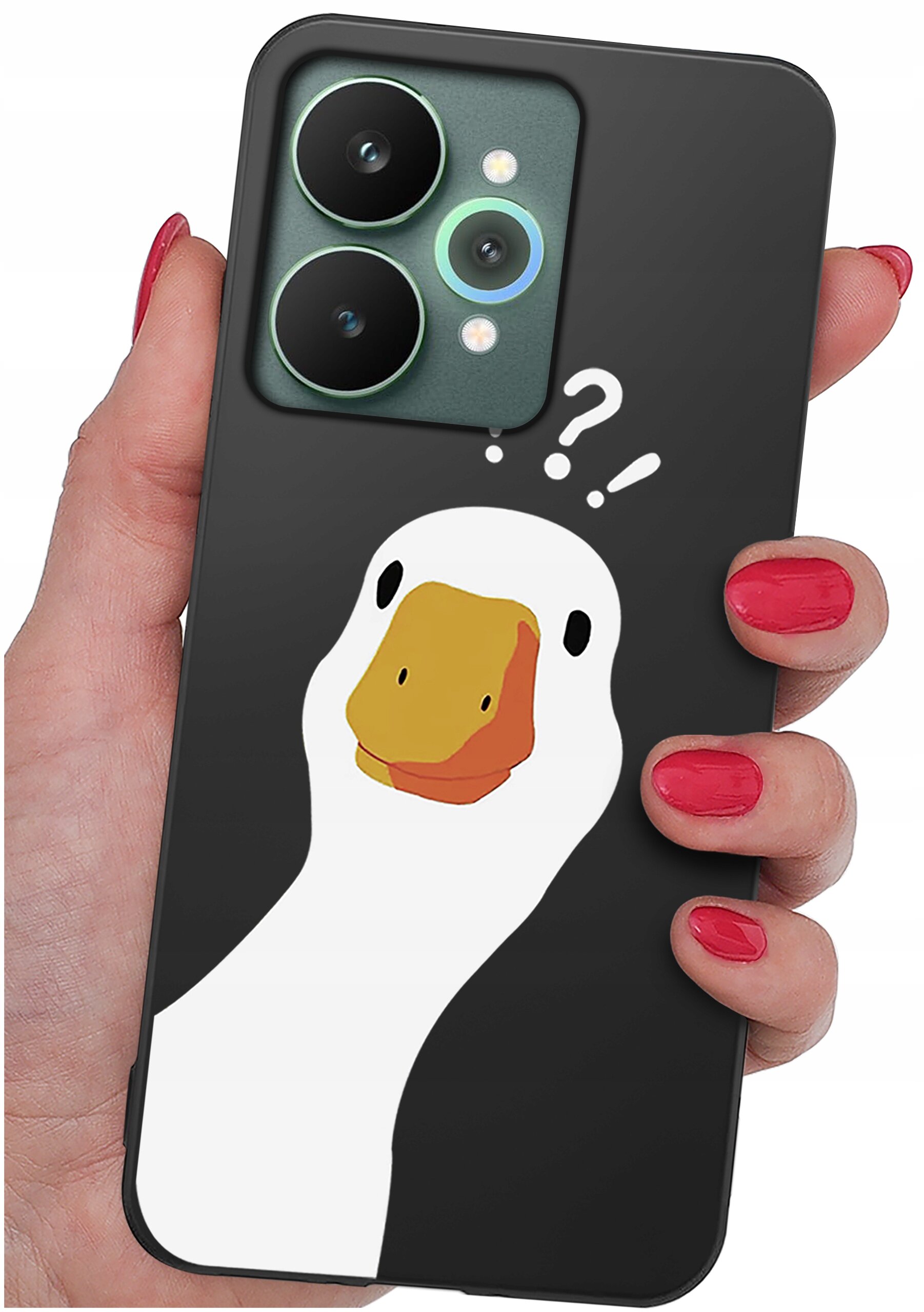 Czarne etui na telefon z nadrukiem białej kaczki z pomarańczowym dziobem i trzema znakami zapytania nad głową. Etui trzymane jest w dłoni z czerwonym lakierem na paznokciach.