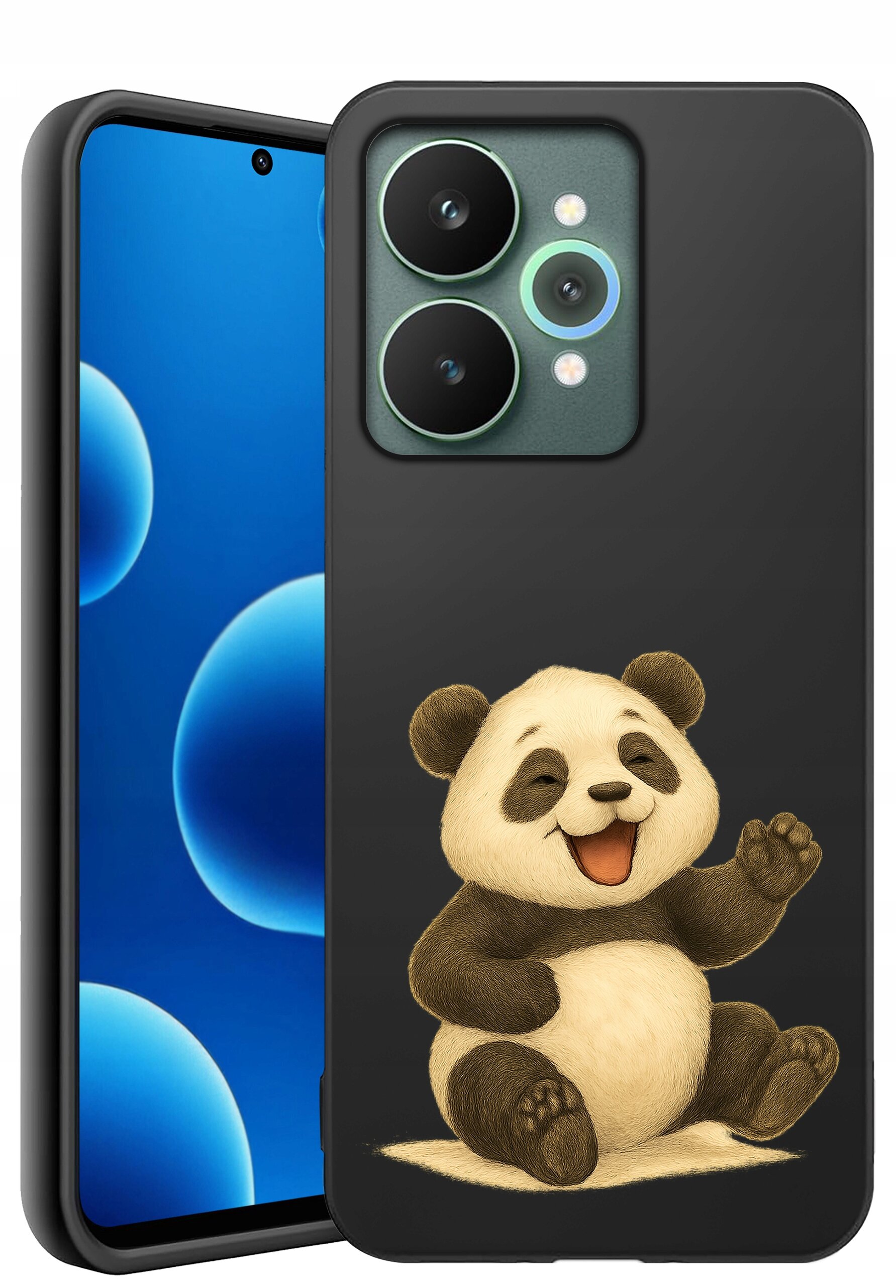 Czarne silikonowe etui z matowym wykończeniem, ozdobione rysunkiem uśmiechniętej pandy. Obok etui widoczny jest telefon z niebieskim ekranem i trzema aparatami.