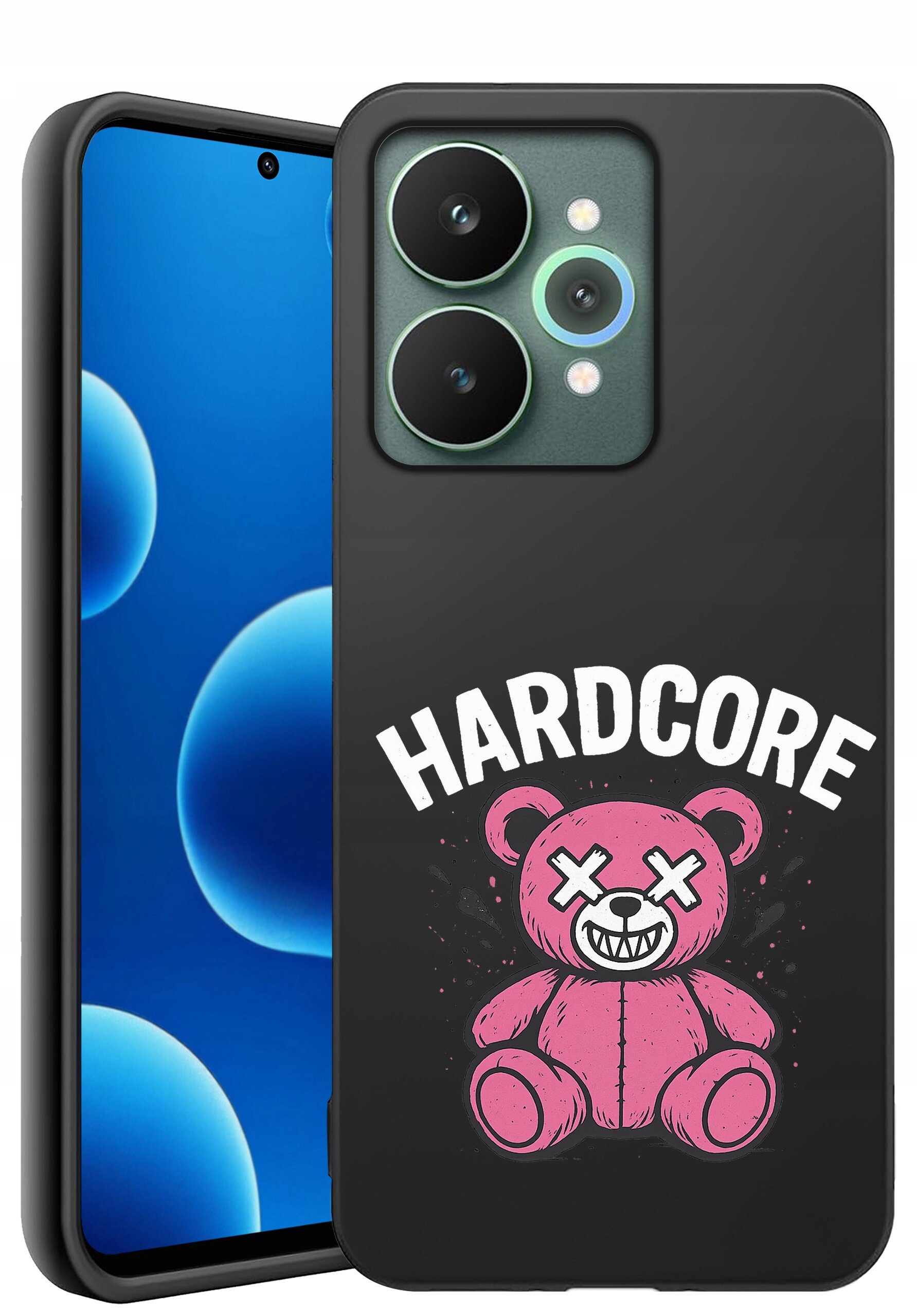Czarne silikonowe etui na telefon z nadrukiem różowego misia z krzyżykami zamiast oczu i napisem \'HARDCORE\'. W tle widoczny jest ekran telefonu z niebieskimi bąbelkami.