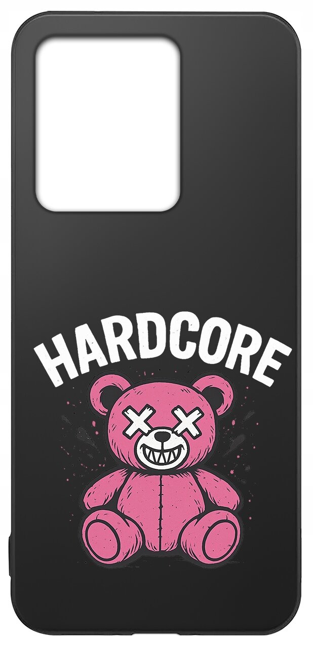 Czarne etui z nadrukiem różowego misia z zamkniętymi oczami w kształcie krzyżyków i napisem \'HARDCORE\' nad nim.