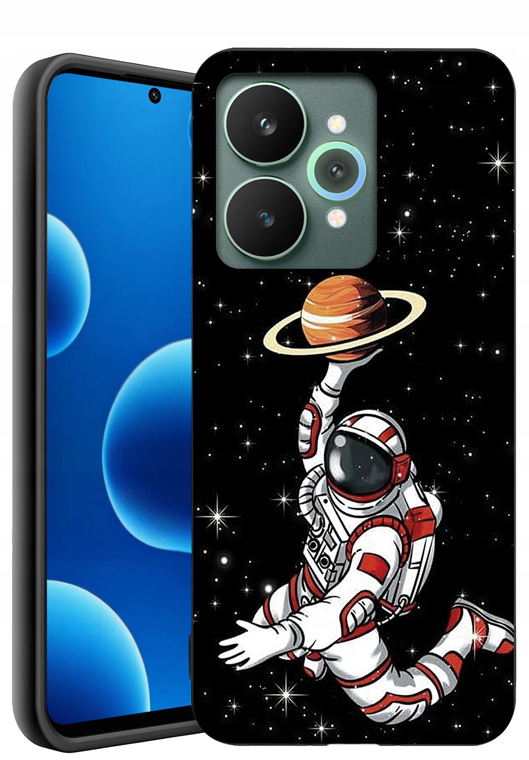 Etui na telefon z grafiką astronauty trzymającego planetę z pierścieniami na tle gwiazd. Obok widoczny jest ekran telefonu z niebieskimi bąbelkami na czarnym tle.