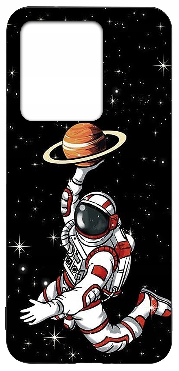 Etui z grafiką przedstawiającą astronautę w białym skafandrze z czerwonymi elementami, trzymającego planetę z pierścieniami na tle gwiaździstego nieba.