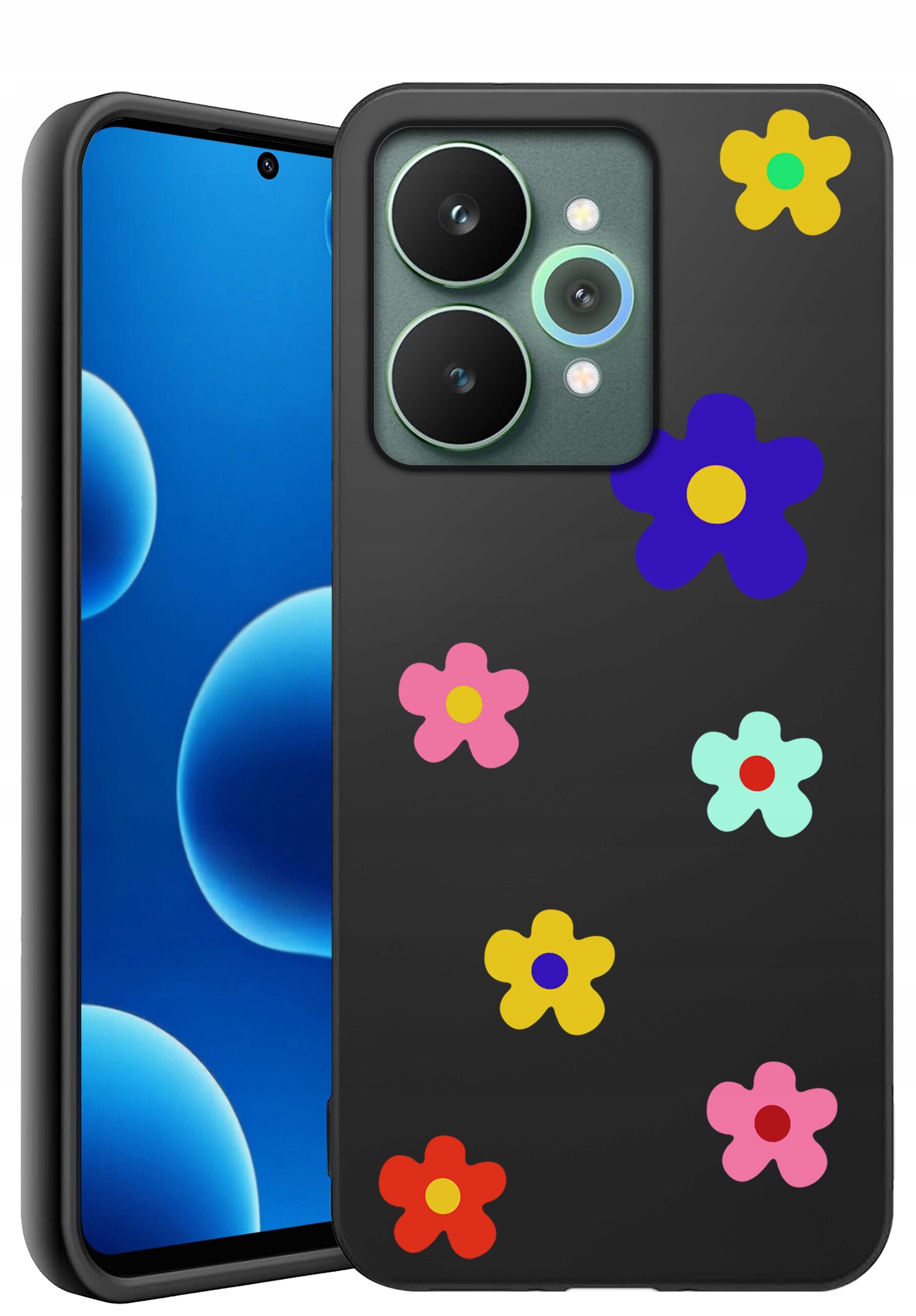 Czarne silikonowe etui na telefon z kolorowymi kwiatowymi wzorami. Obok etui widoczny jest telefon z niebieskim ekranem.