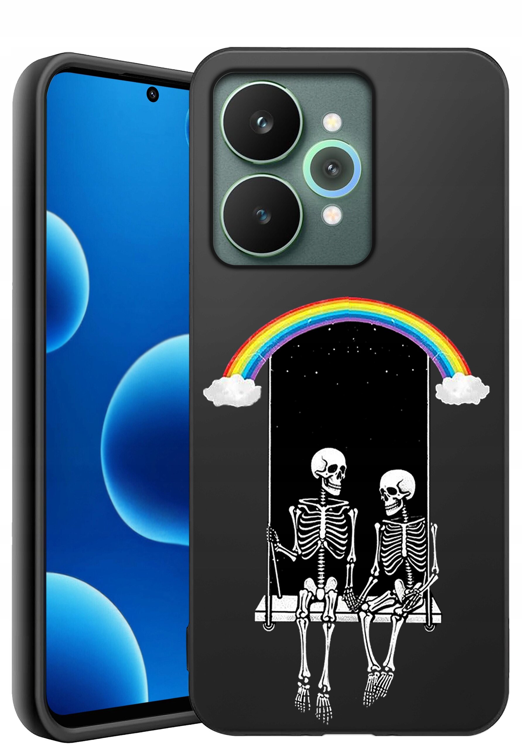 Etui na telefon z grafiką przedstawiającą dwa szkielety siedzące na huśtawce pod tęczą. W tle widoczne są gwiazdy na czarnym tle.