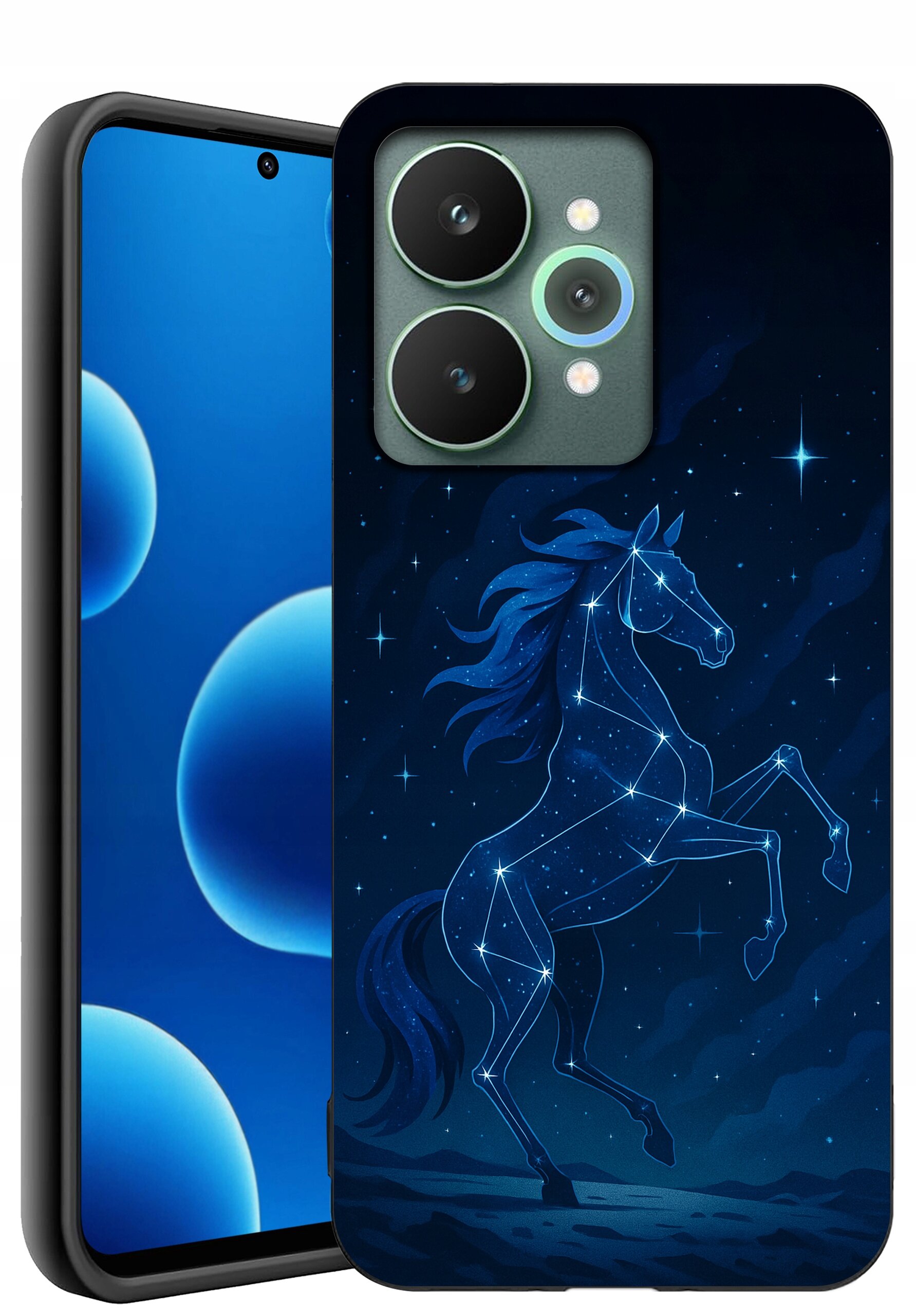 Etui na telefon z grafiką przedstawiającą konstelację w kształcie konia na tle nocnego nieba. Obok widoczny jest ekran telefonu z niebieskim motywem graficznym.