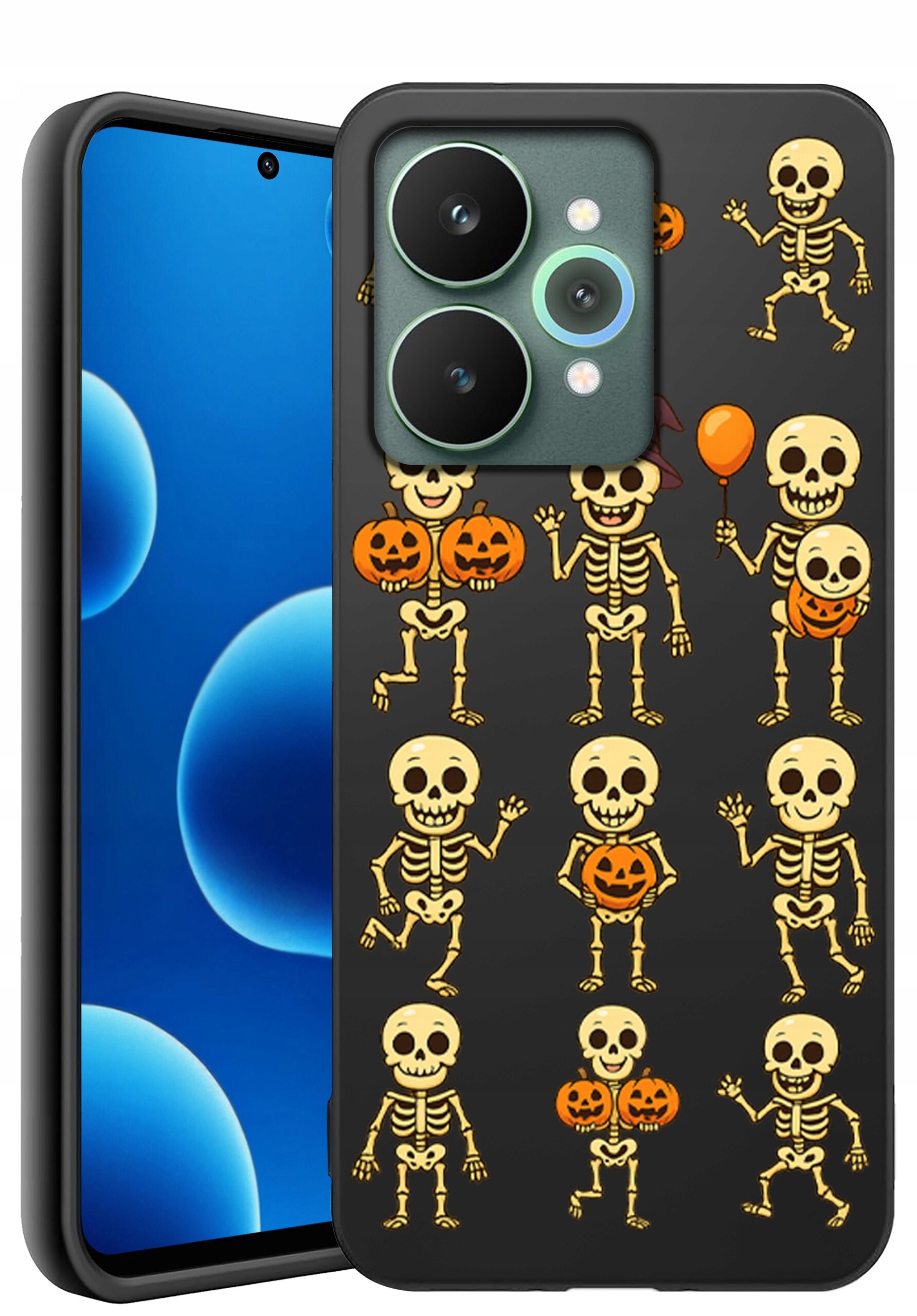 Etui na telefon z motywem szkieletów i dyni na ciemnym tle. Obok widoczny jest telefon z niebieskim ekranem.