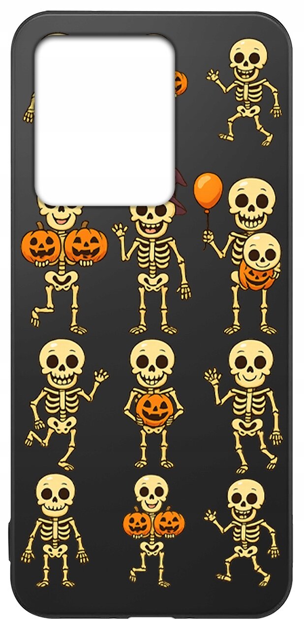 Etui na telefon z czarnym tłem, ozdobione wzorami szkieletów trzymających dynie i balon.