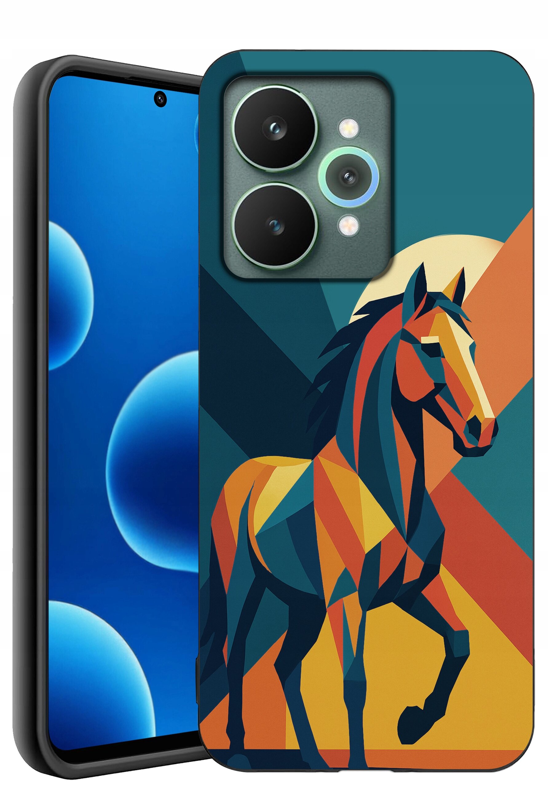 Etui na telefon z kolorowym, geometrycznym wzorem konia na tle w odcieniach niebieskiego, pomarańczowego i żółtego. Obok widoczny jest telefon z wyświetlaczem pokazującym niebieskie bąbelki.
