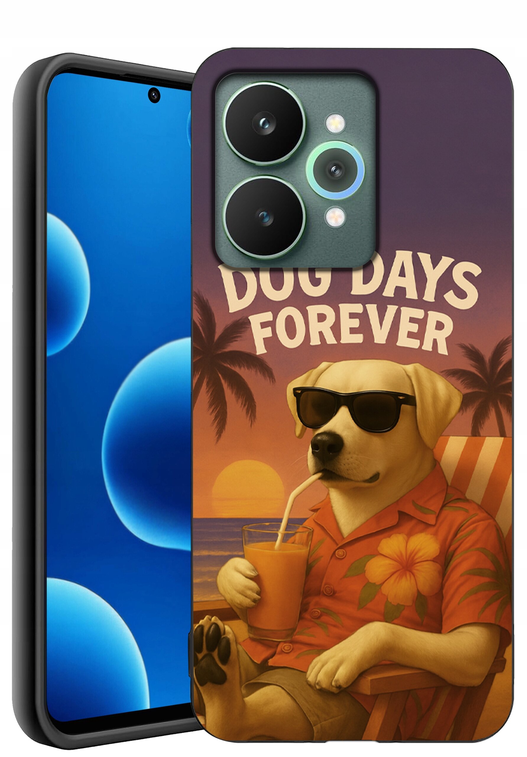 Etui na telefon z grafiką psa w okularach przeciwsłonecznych, siedzącego na leżaku z napojem, z napisem \'DOG DAYS FOREVER\'.