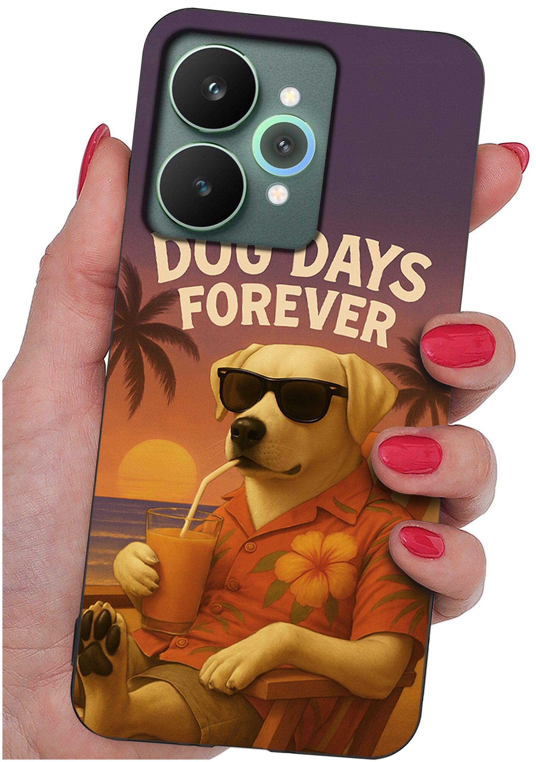 Etui na telefon z grafiką psa w okularach przeciwsłonecznych, trzymającego napój z rurką, na tle zachodzącego słońca i palm. Na etui widnieje napis \'DOG DAYS FOREVER\'.