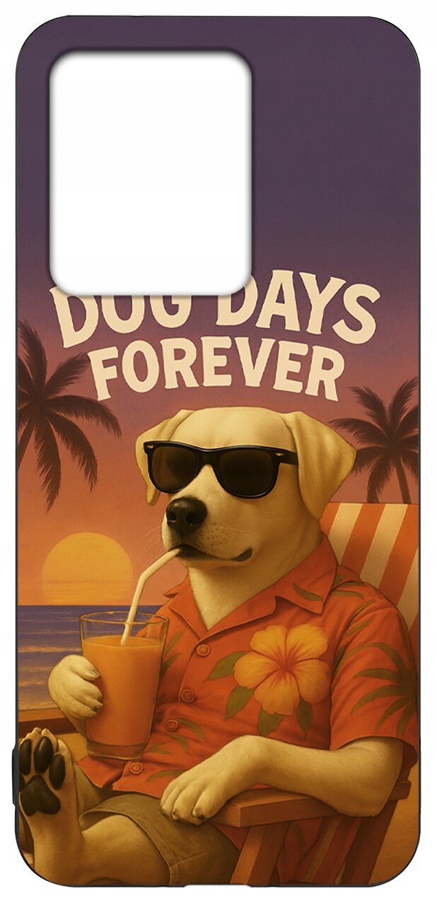 Etui na telefon z nadrukiem psa w okularach przeciwsłonecznych, siedzącego na leżaku z napojem w ręku. W tle widoczne są palmy, zachód słońca i napis \'DOG DAYS FOREVER\'.