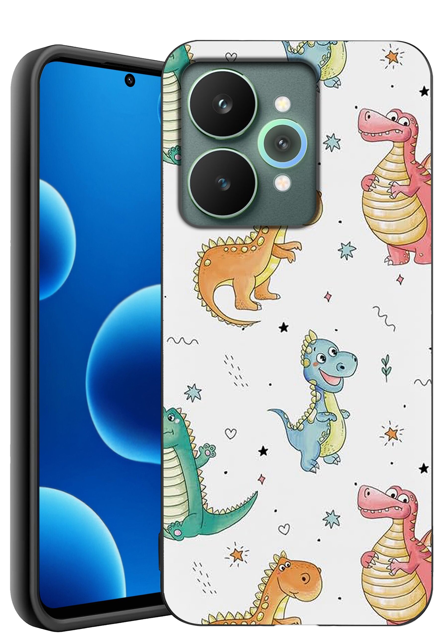 Etui na telefon z kolorowymi wzorami dinozaurów na białym tle. Telefon ma ekran z niebieskimi okręgami i przednią kamerą w górnej części.