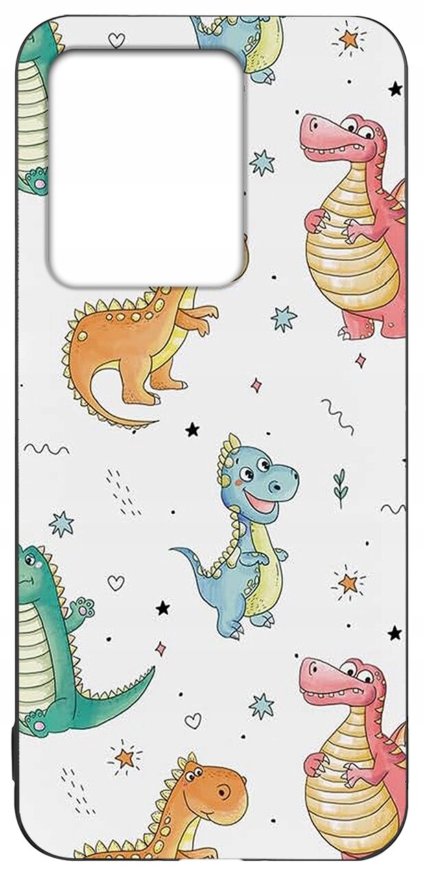 Etui na telefon z kolorowymi rysunkami dinozaurów na jasnym tle. Wzór zawiera różne dinozaury w odcieniach zieleni, niebieskiego, pomarańczowego i różowego, otoczone małymi gwiazdkami i serduszkami.