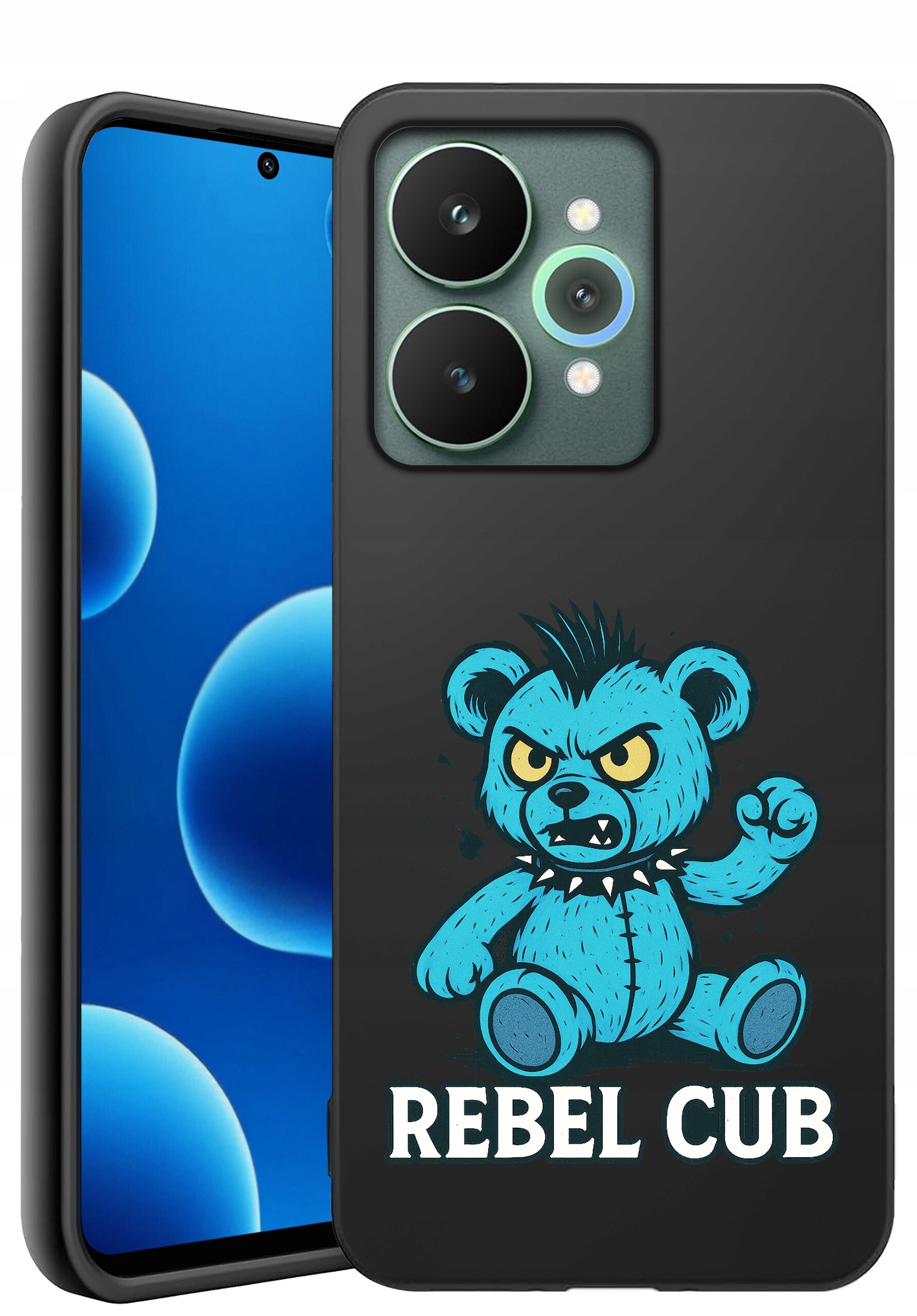 Etui na telefon z nadrukiem niebieskiego misia z groźnym wyrazem twarzy i napisem \'REBEL CUB\'. Obok widoczny jest telefon z niebieskim ekranem i podwójnym aparatem.