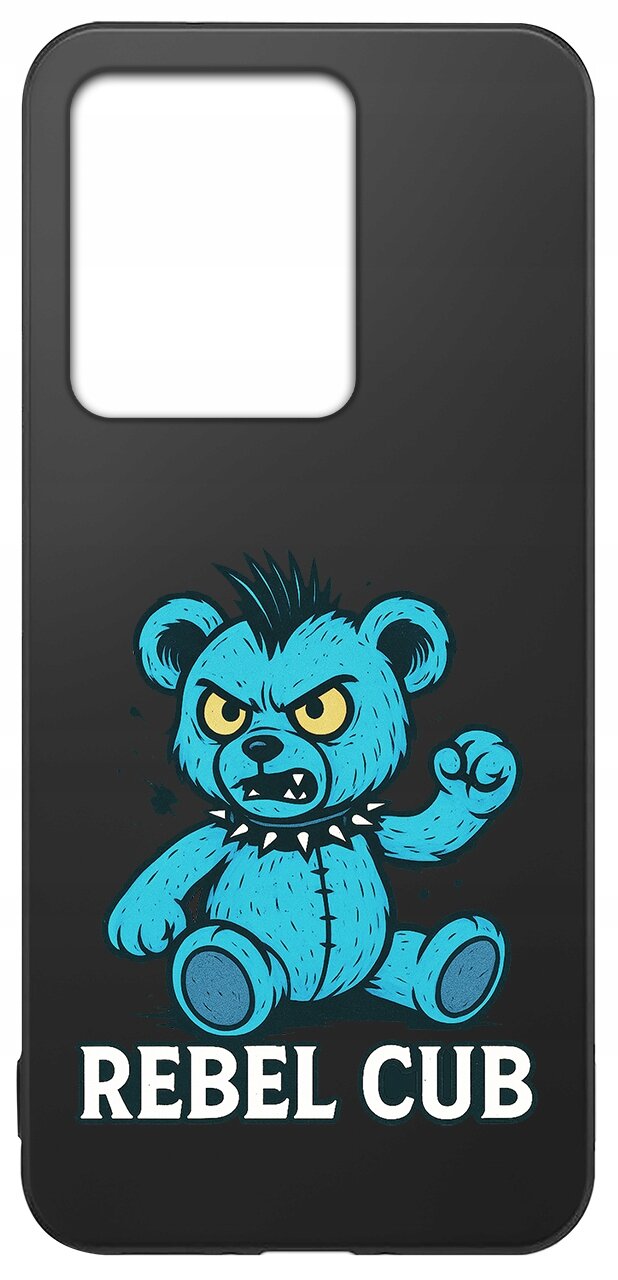Czarne etui z nadrukiem niebieskiego misia o groźnym wyrazie twarzy i napisem \'REBEL CUB\'.