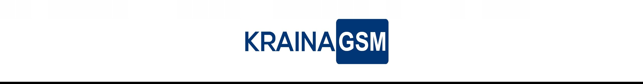Logo z napisem \'KRAINA GSM\' na białym tle, gdzie \'GSM\' jest w białym kolorze na niebieskim tle.